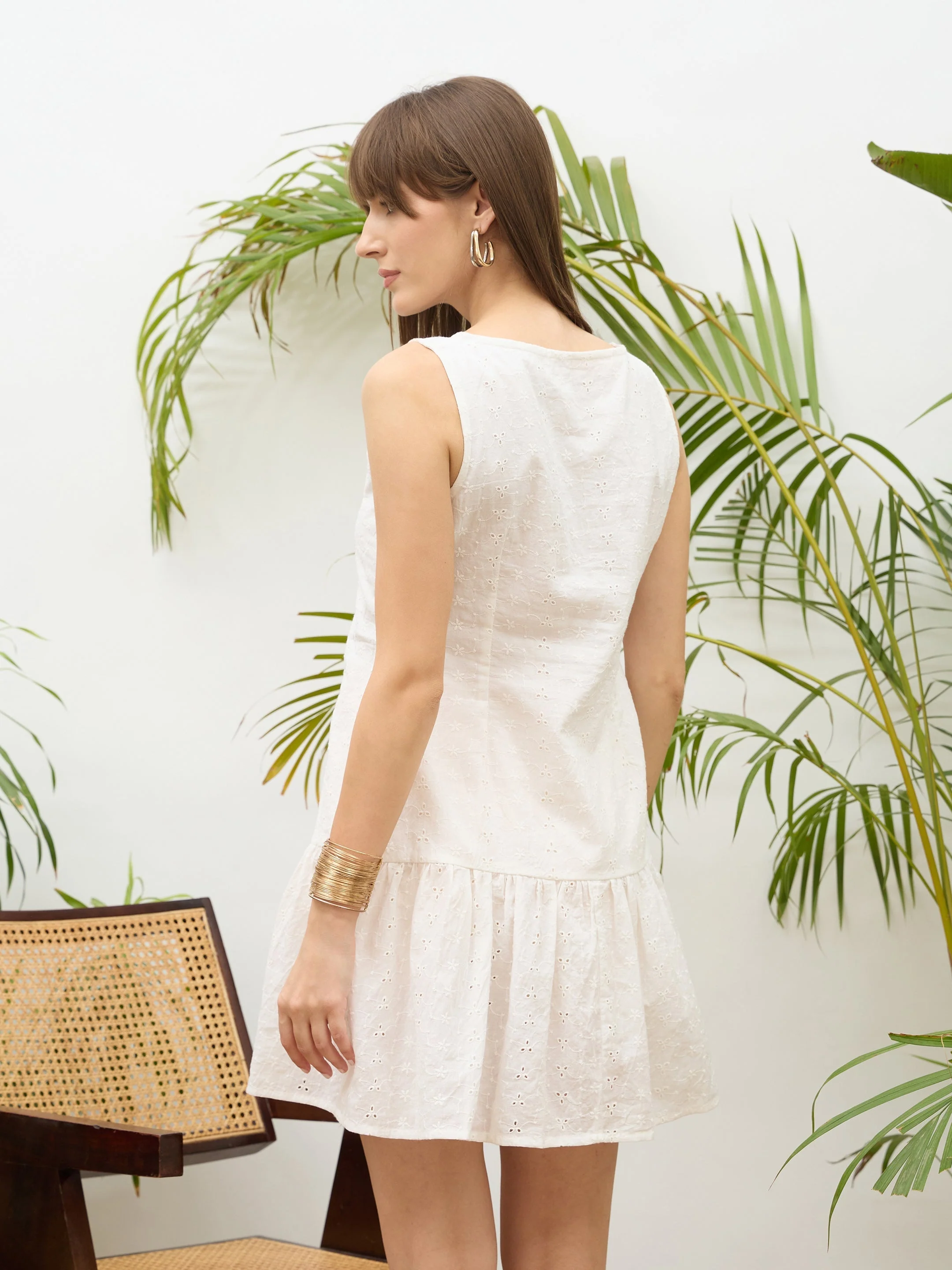 Women White Schiffli Sleeveless Gathered  Short Dress - Image 5