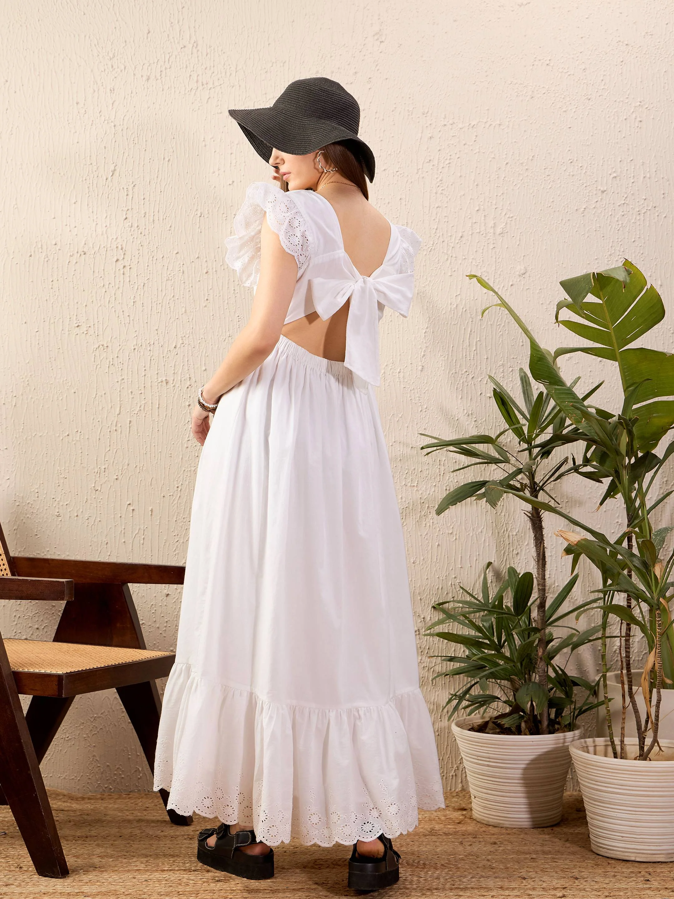 Women White Schiffli Square Neck Frill Hem Maxi Dress - Image 2