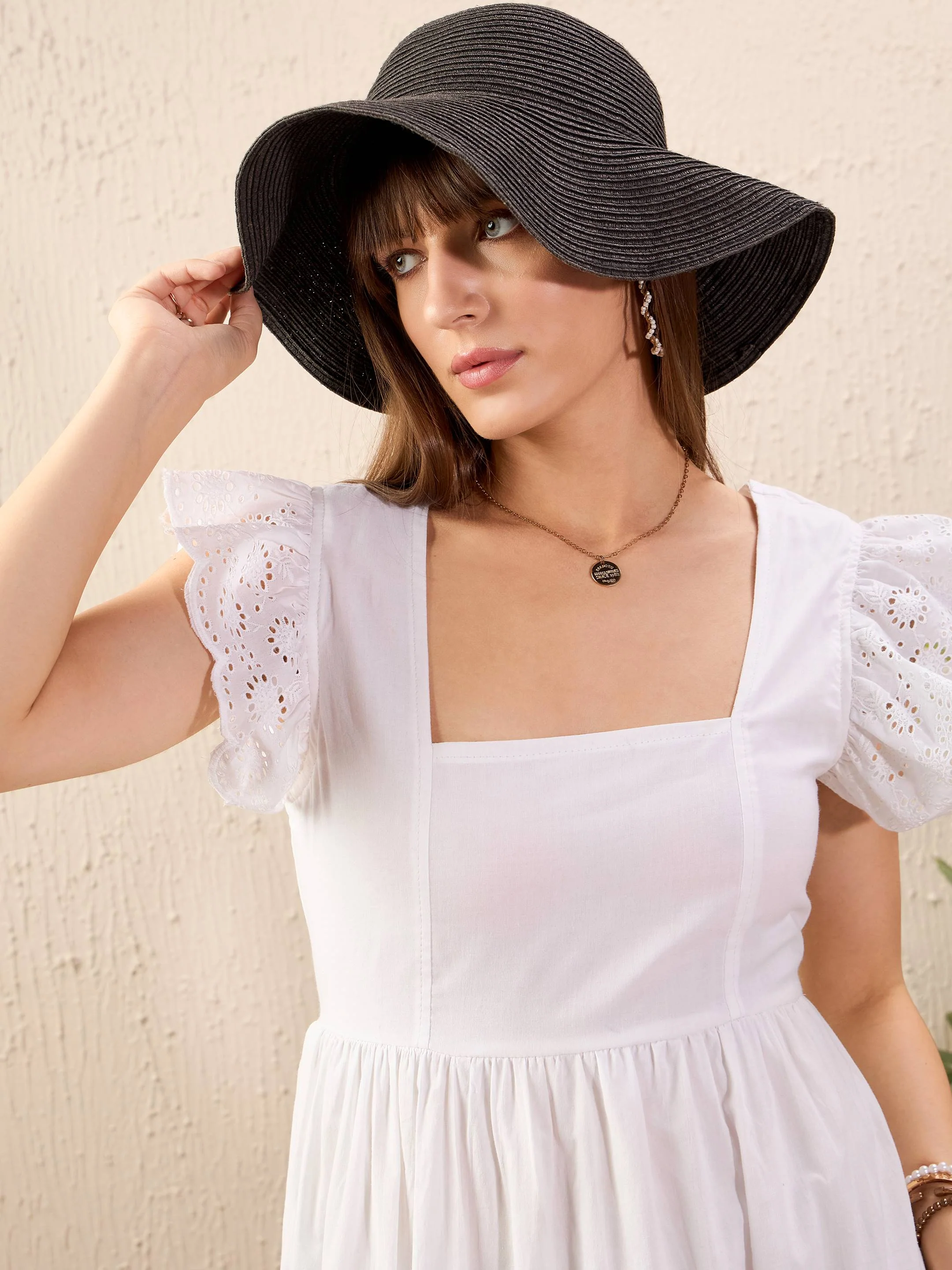 Women White Schiffli Square Neck Frill Hem Maxi Dress - Image 3