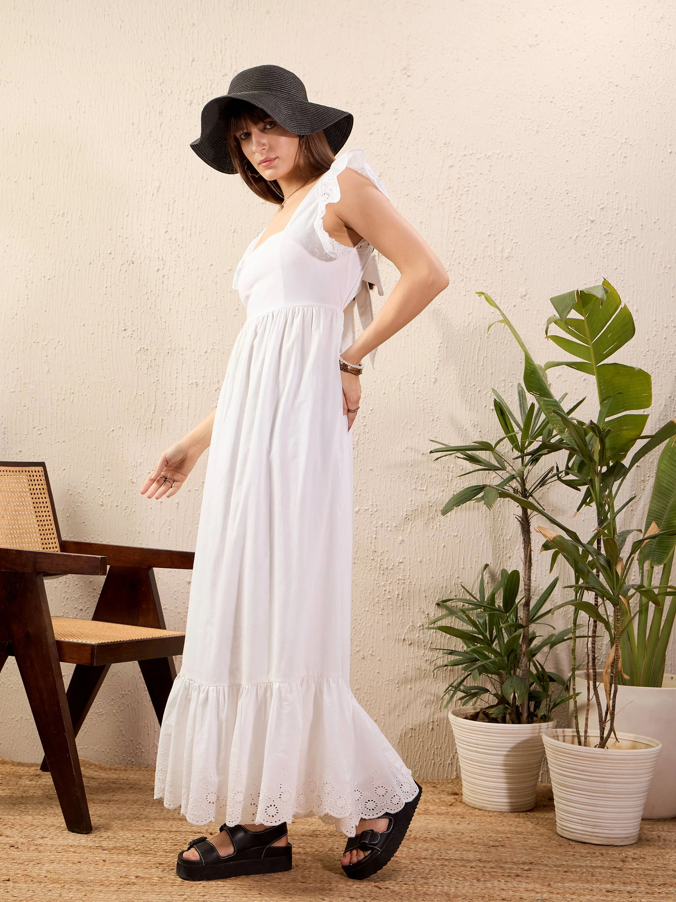 Women White Schiffli Square Neck Frill Hem Maxi Dress - Image 5