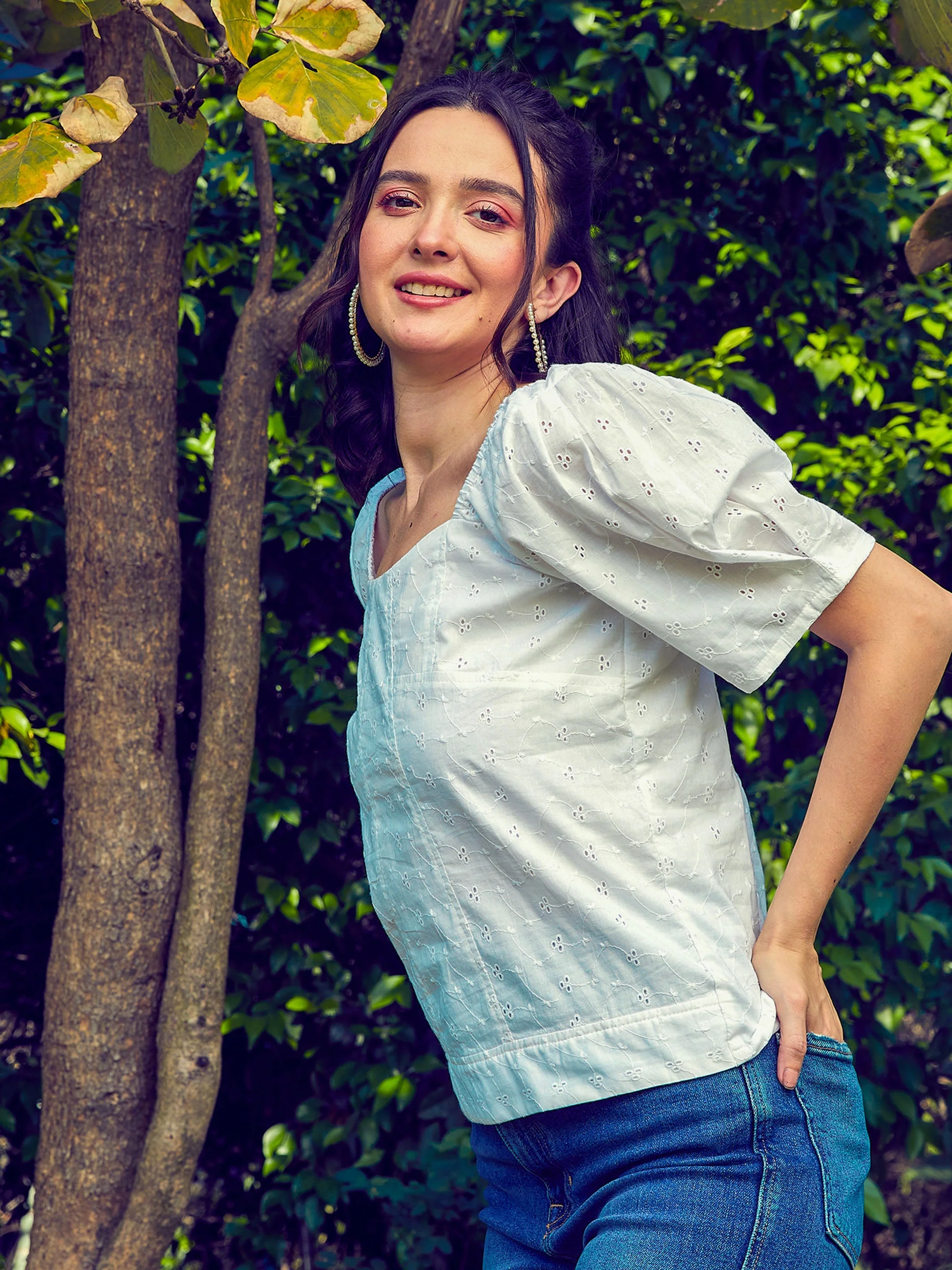 Women White Schiffli Square Neck Smoked Top - Image 3