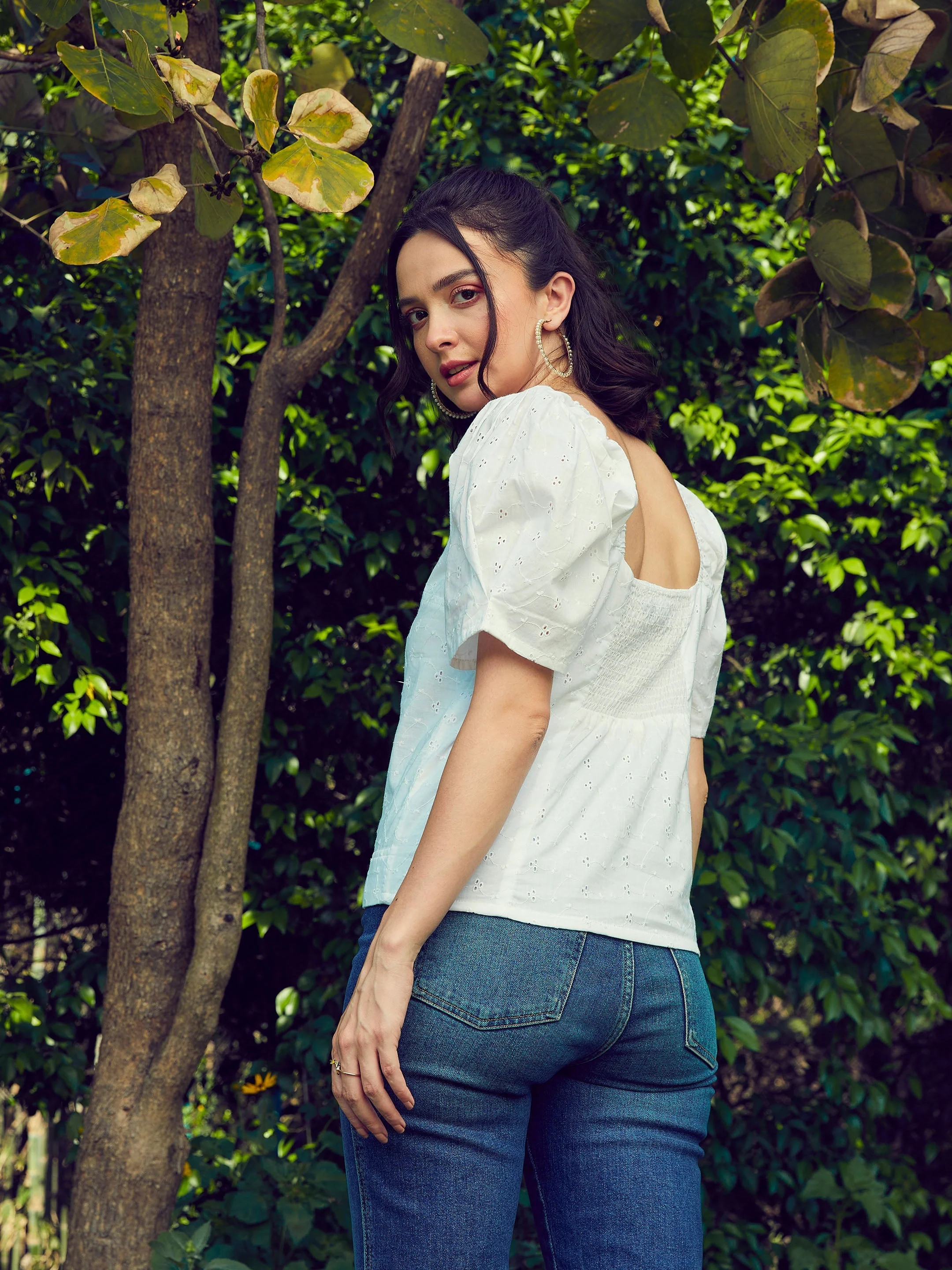 Women White Schiffli Square Neck Smoked Top - Image 5