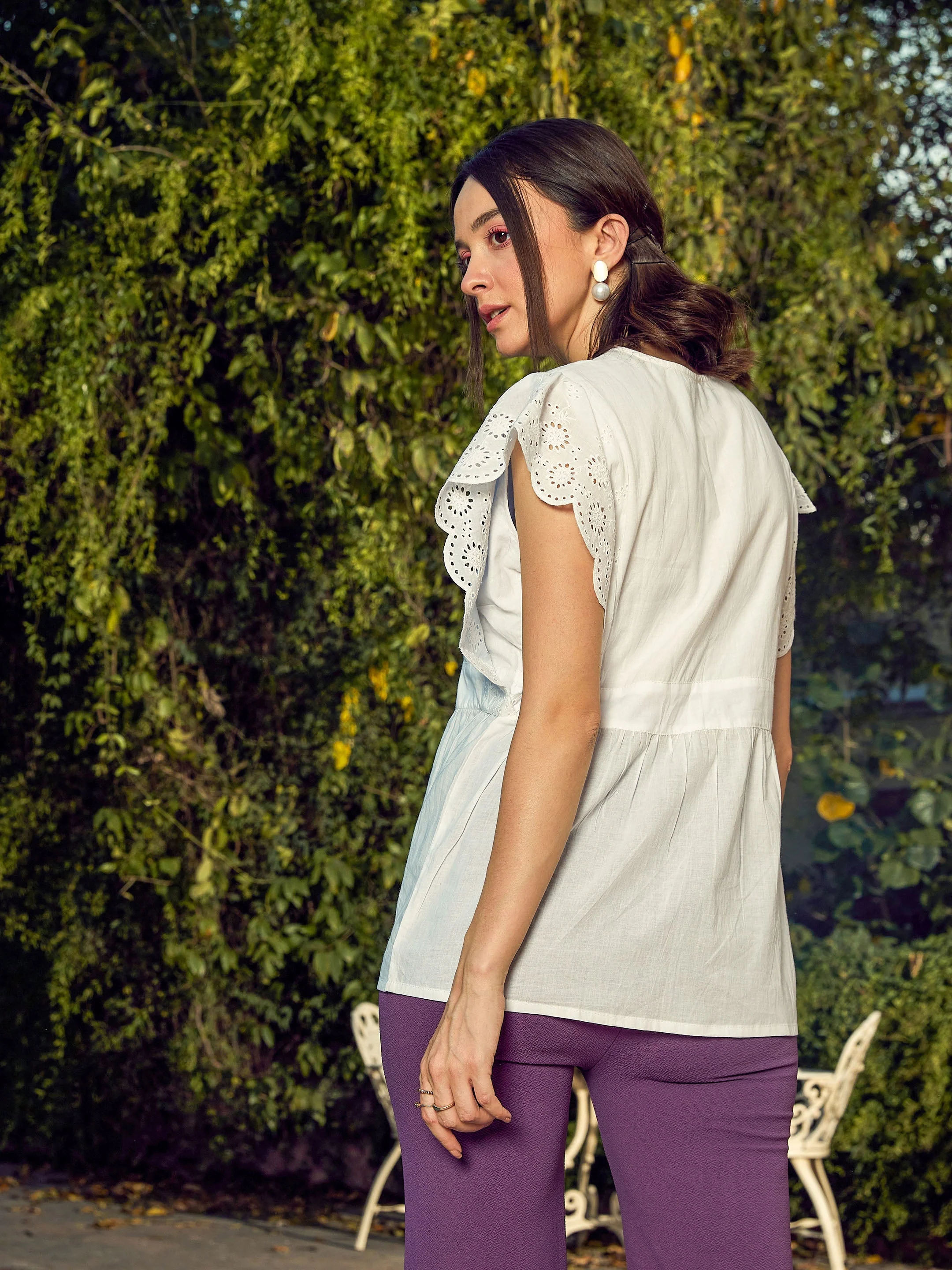 Women White Schiffli V-Neck Top - Image 2
