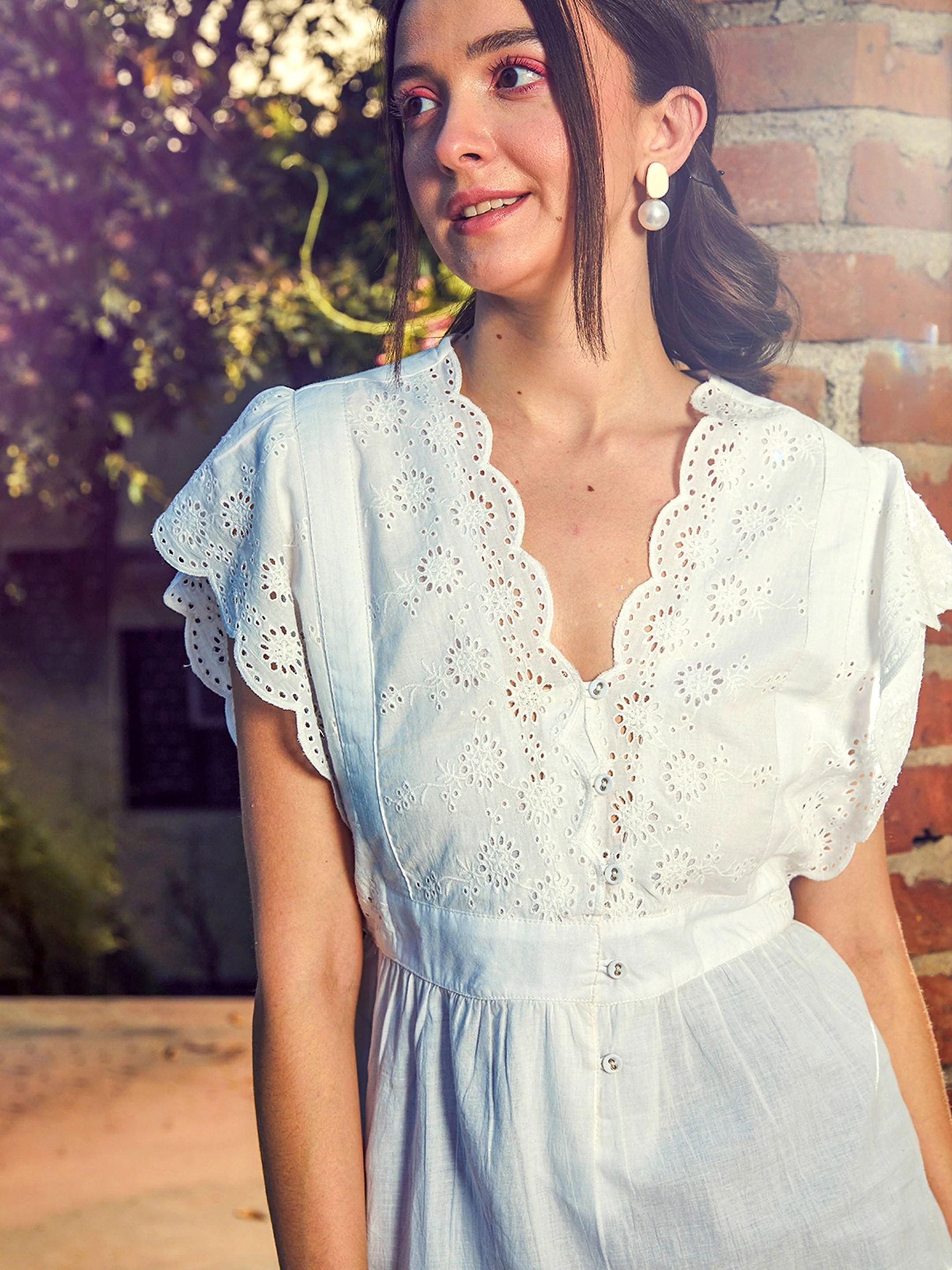 Women White Schiffli V-Neck Top - Image 3