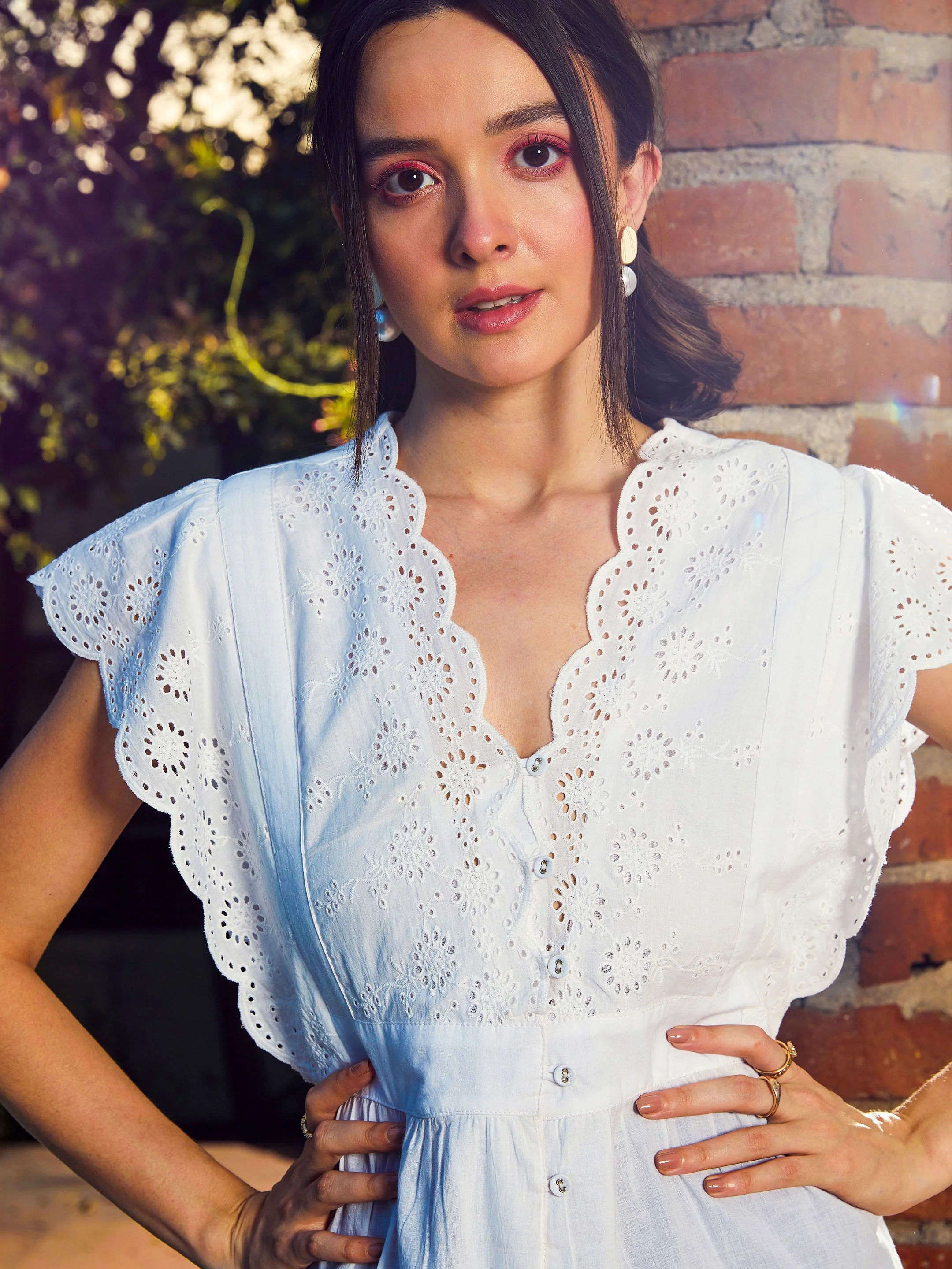 Women White Schiffli V-Neck Top - Image 5