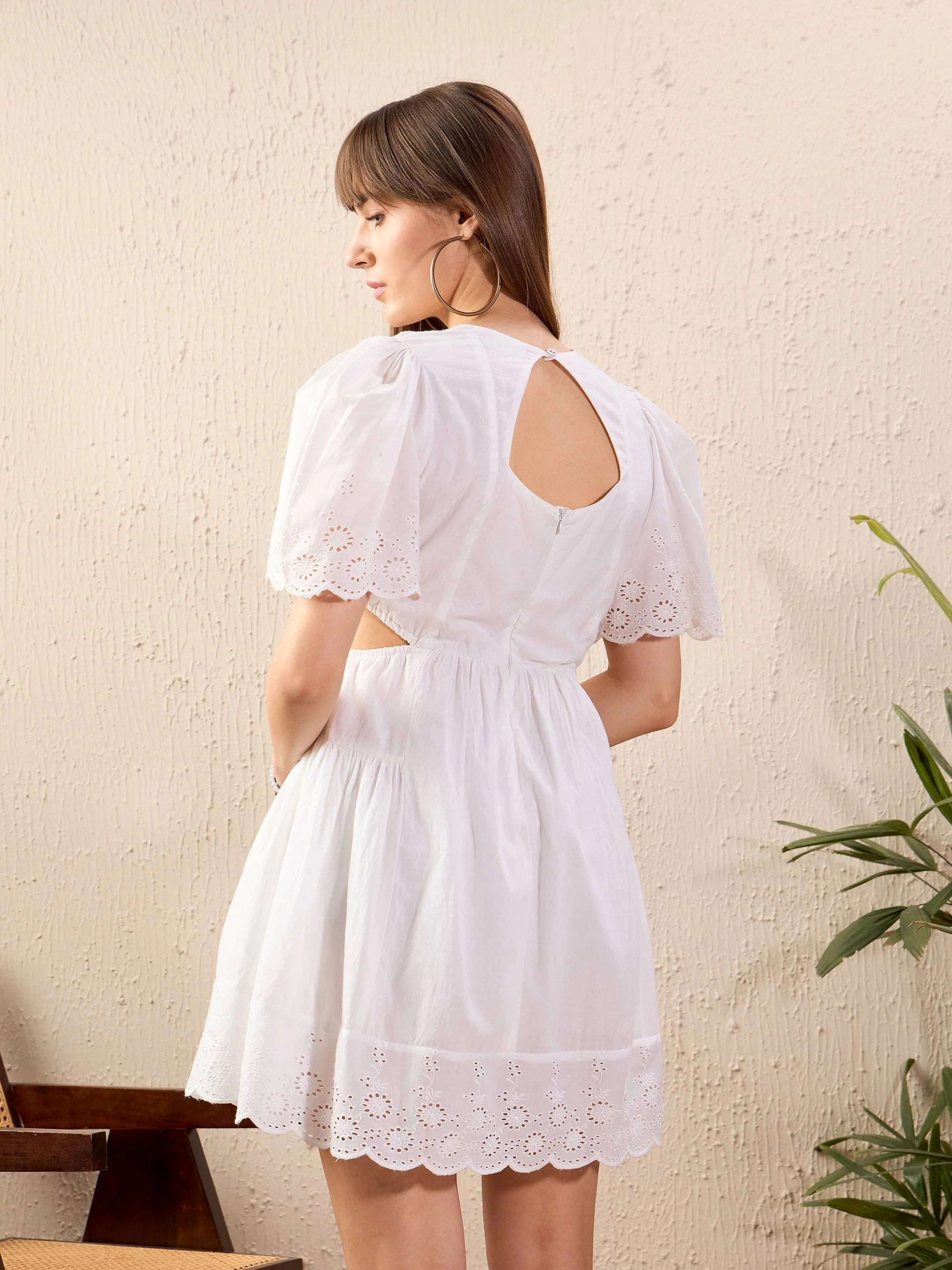 Women White Schiffli Waist Cut Out Skater Dress - Image 2