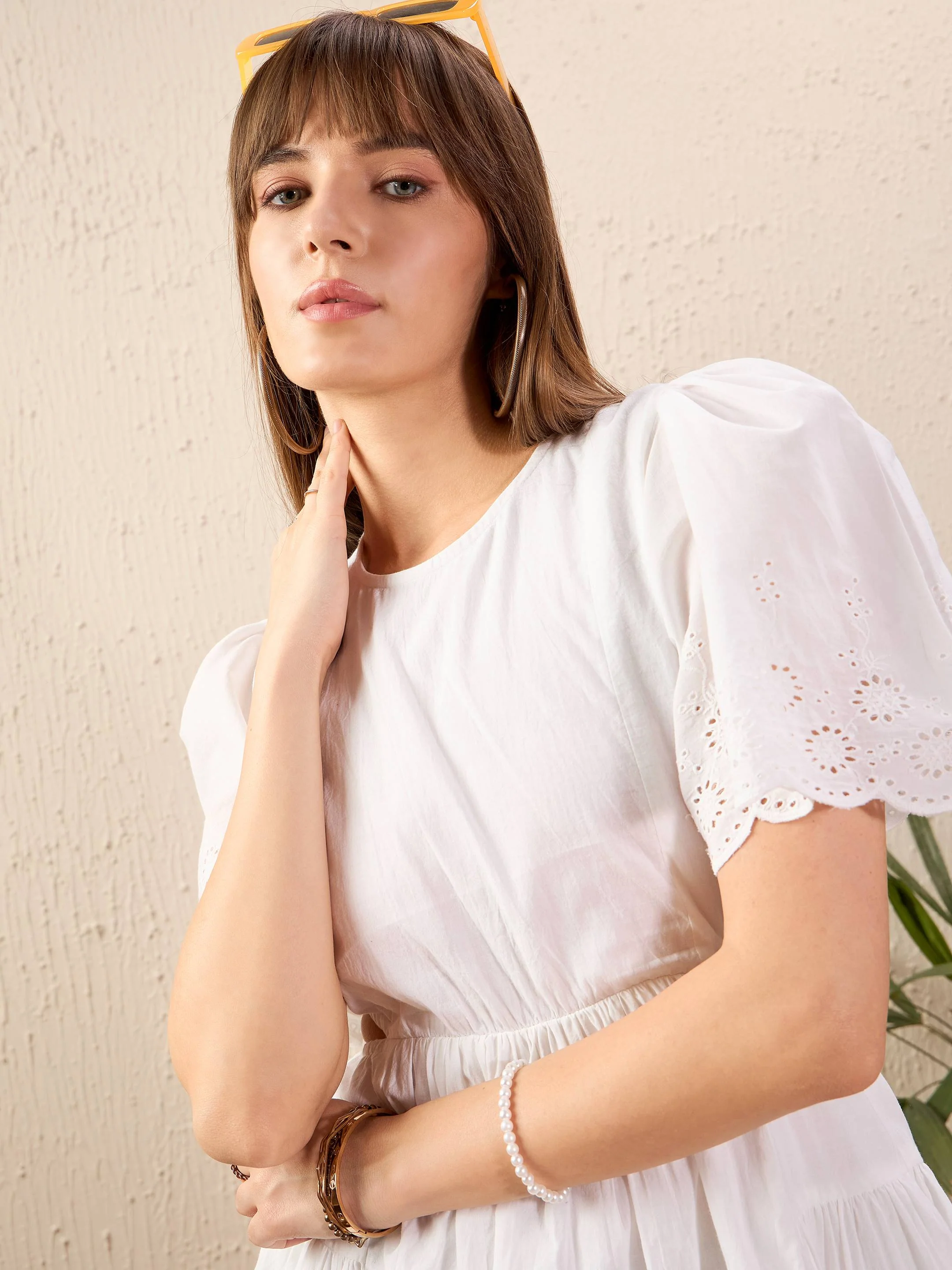 Women White Schiffli Waist Cut Out Skater Dress - Image 3
