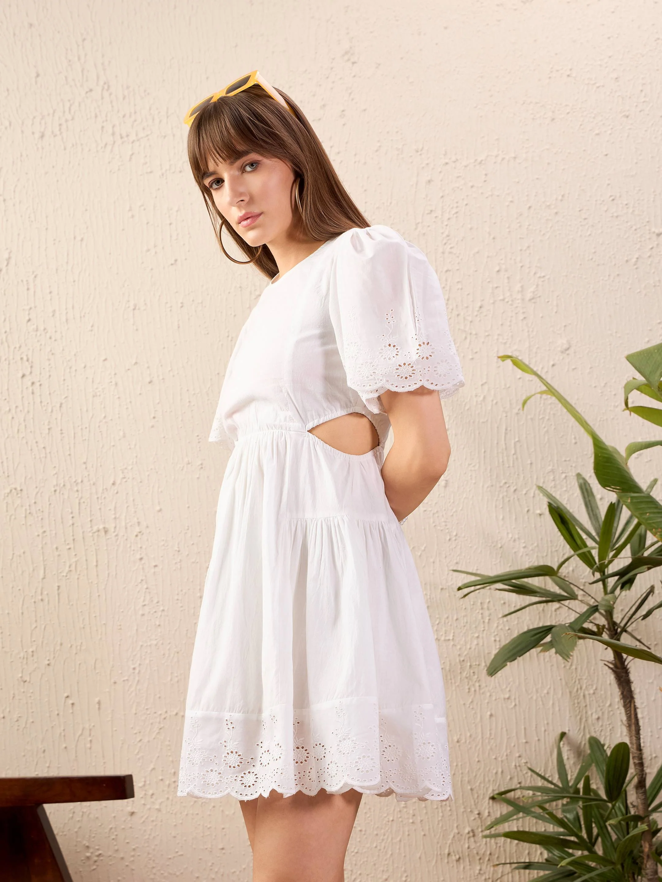 Women White Schiffli Waist Cut Out Skater Dress - Image 4