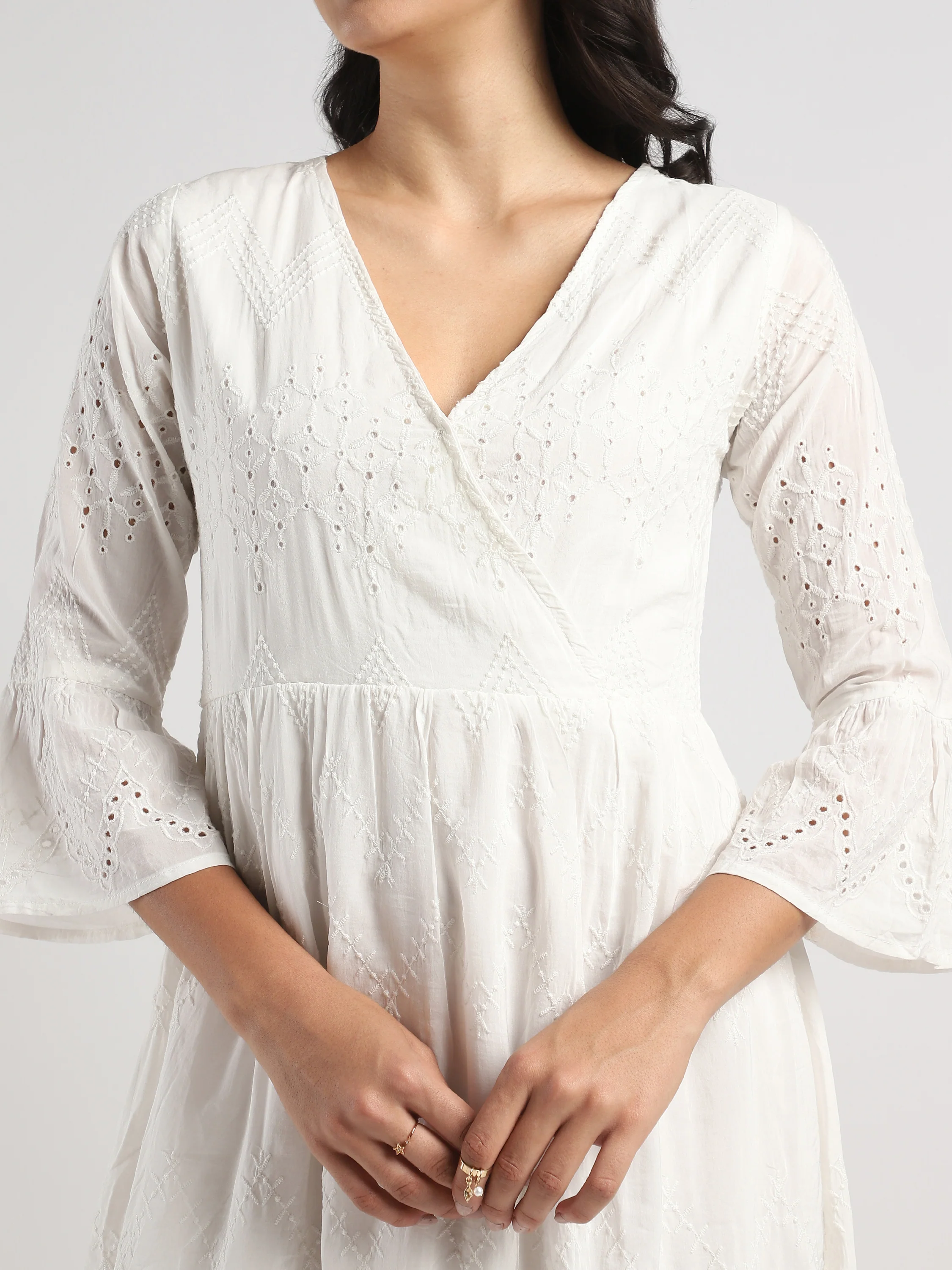 Women White Shiffli Embroidered Midi Dress - Image 2