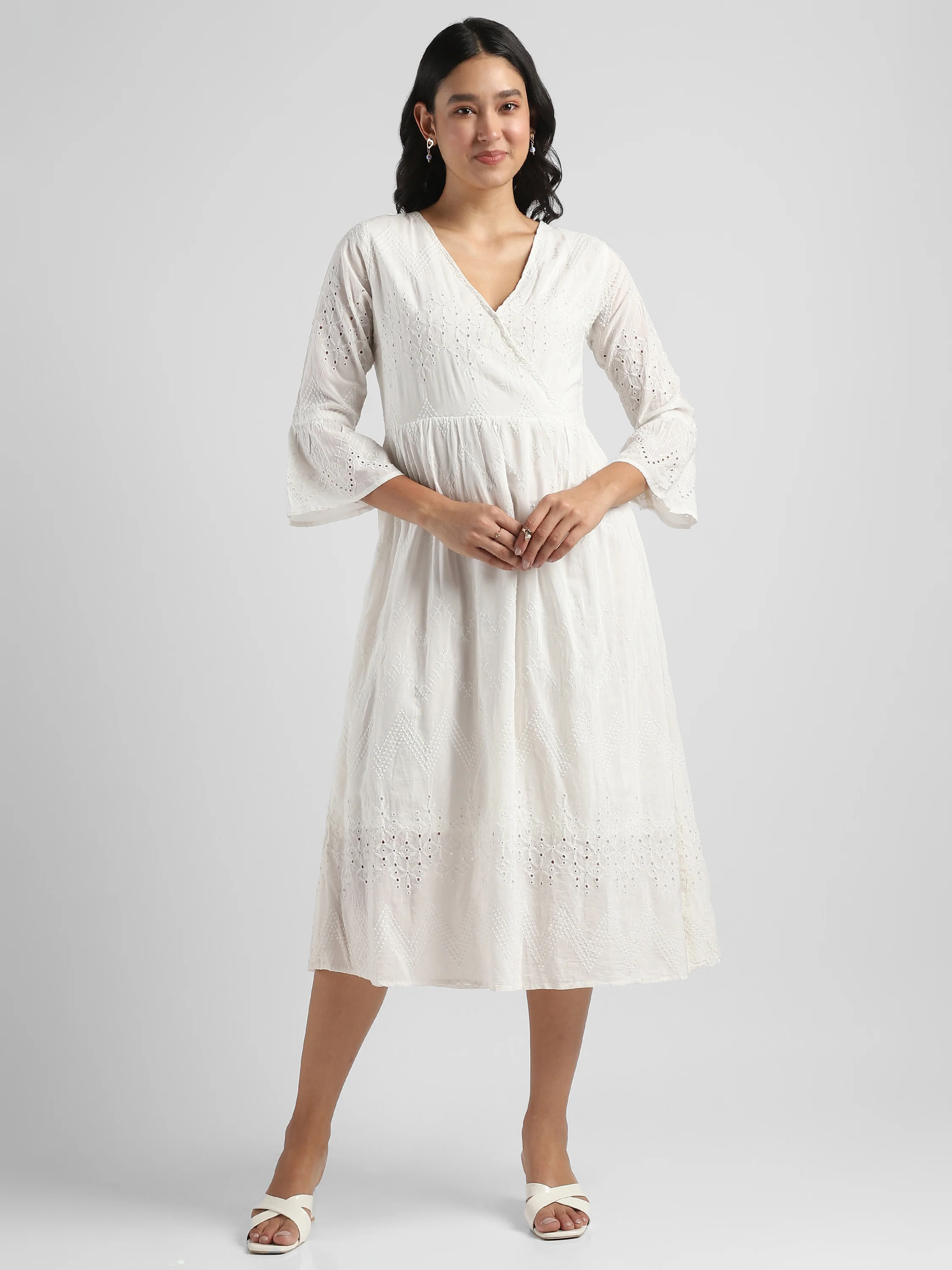 Women White Shiffli Embroidered Midi Dress - Image 3