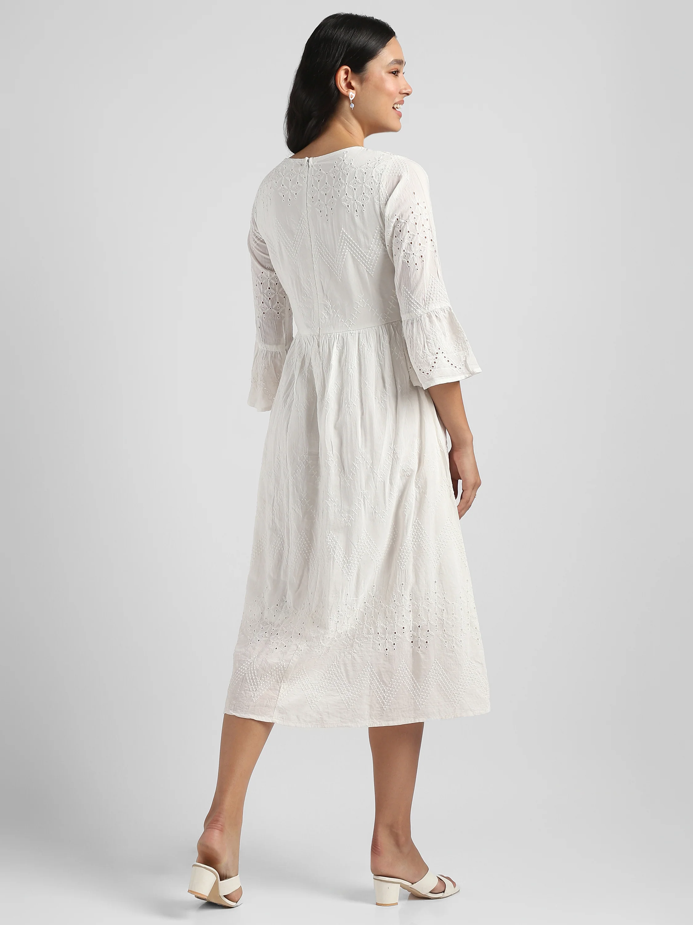 Women White Shiffli Embroidered Midi Dress - Image 4