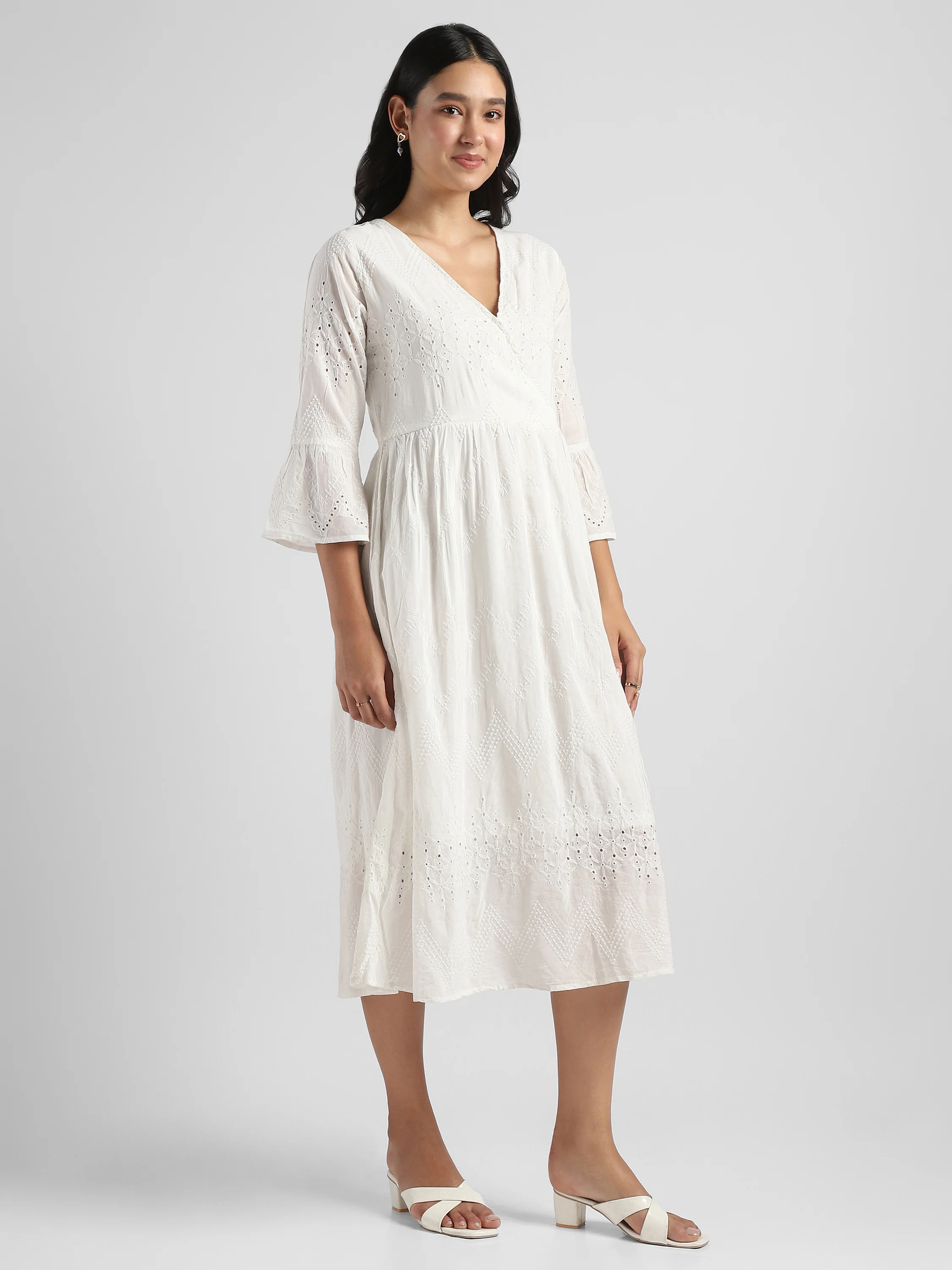 Women White Shiffli Embroidered Midi Dress - Image 5