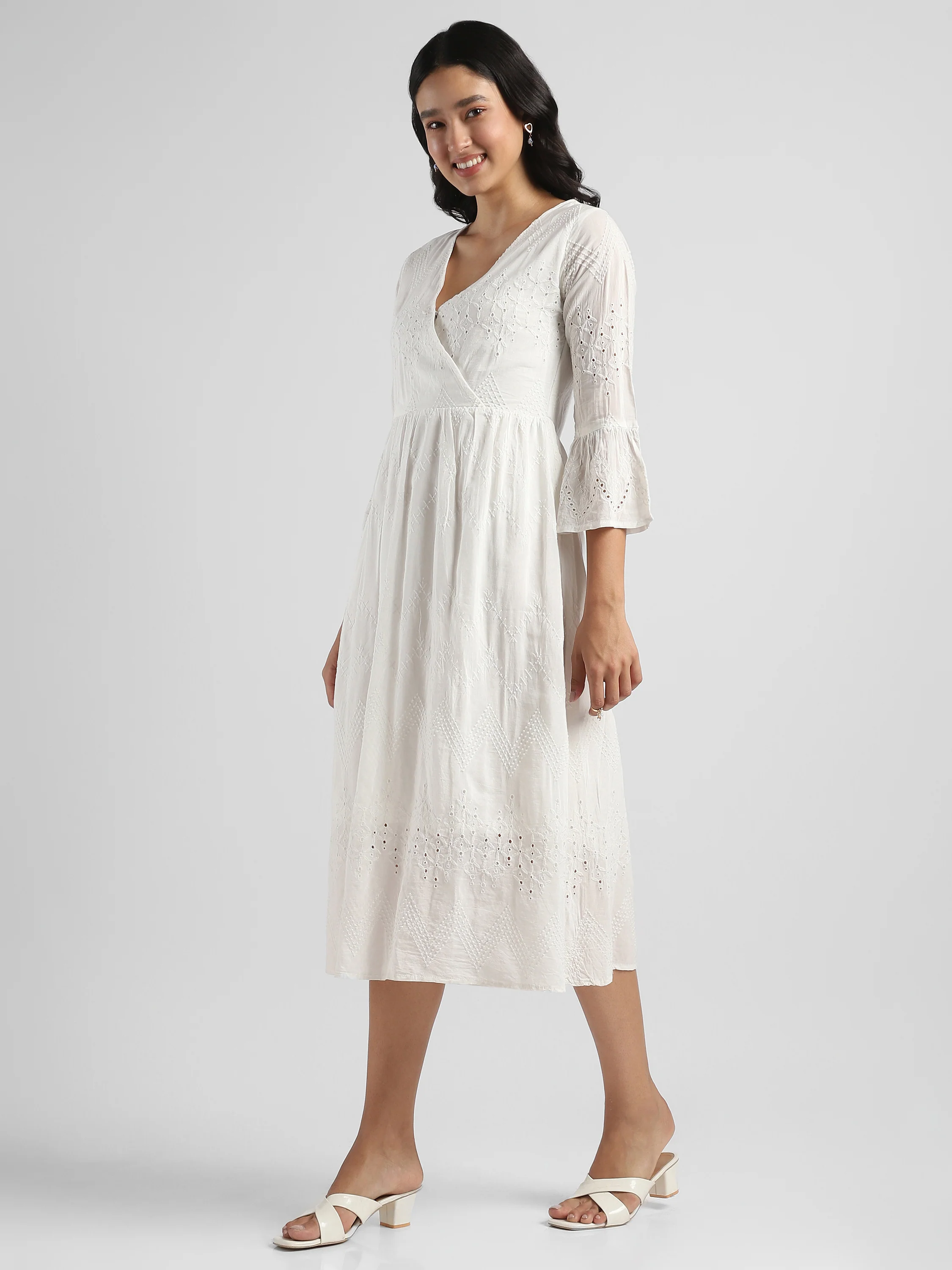 Women White Shiffli Embroidered Midi Dress - Image 6