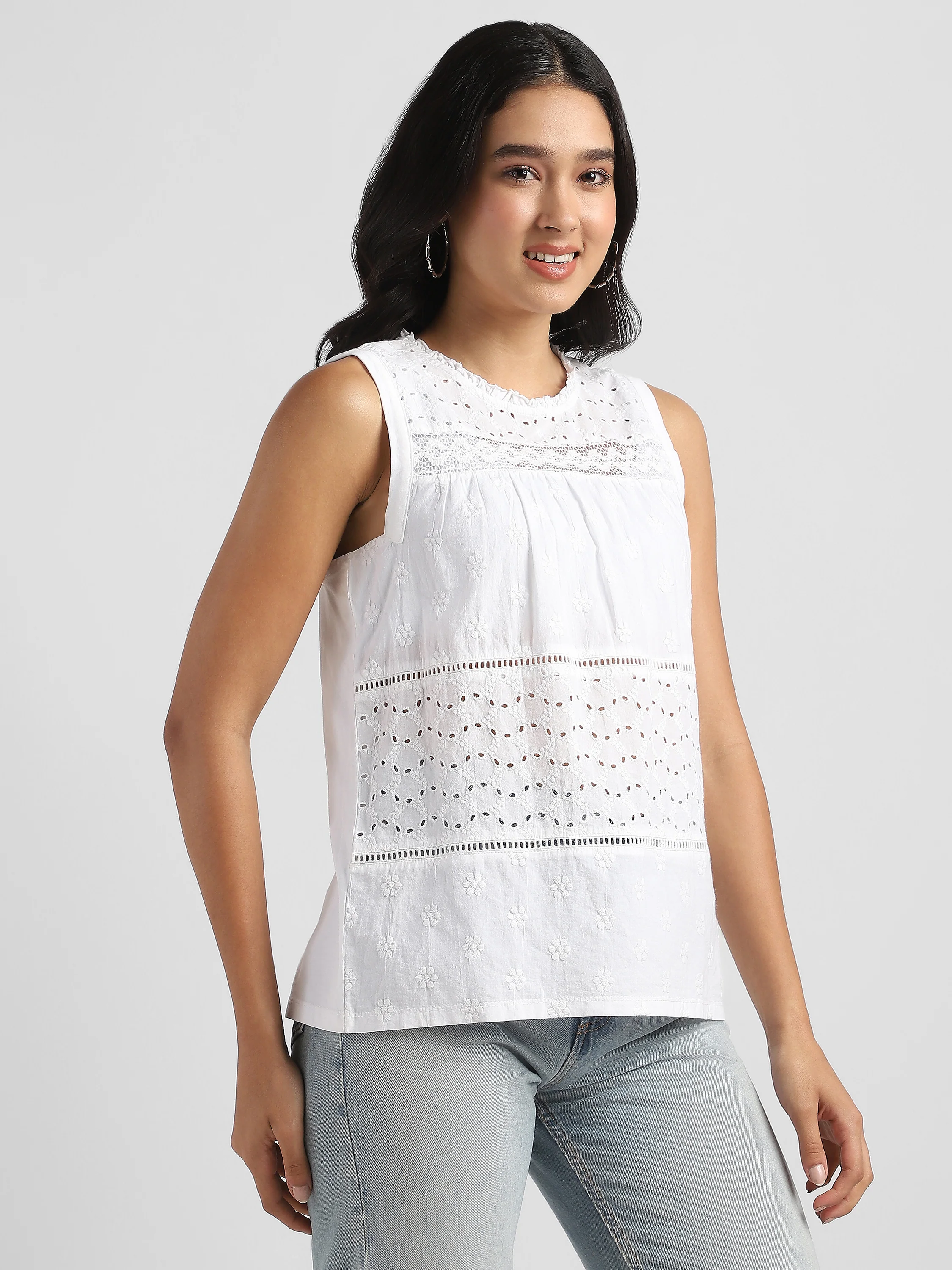 Women Cotton White Shiffli Embroidered Top - Image 3
