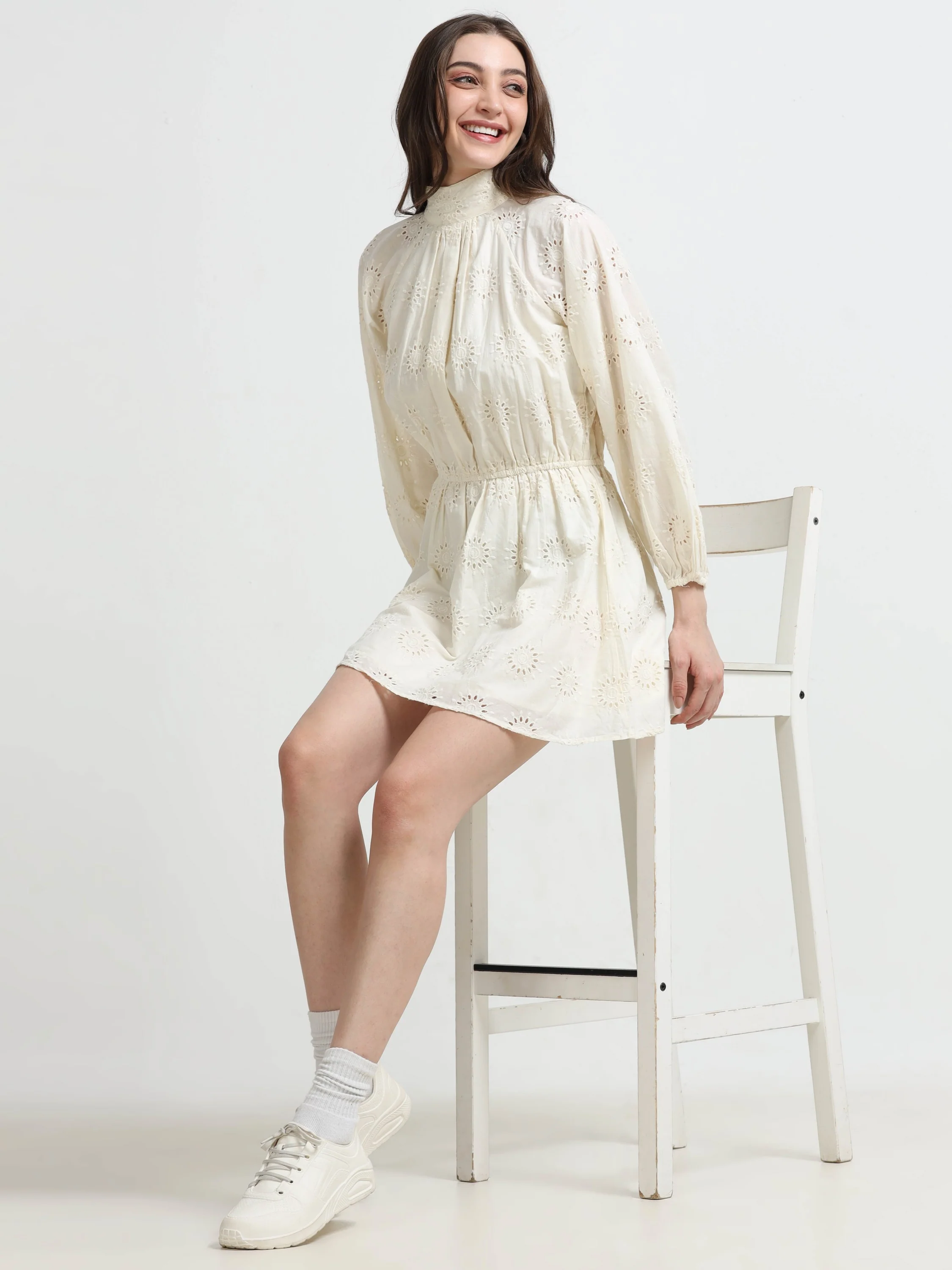 Women White Schiffli Fit & Flare Dress - Image 2