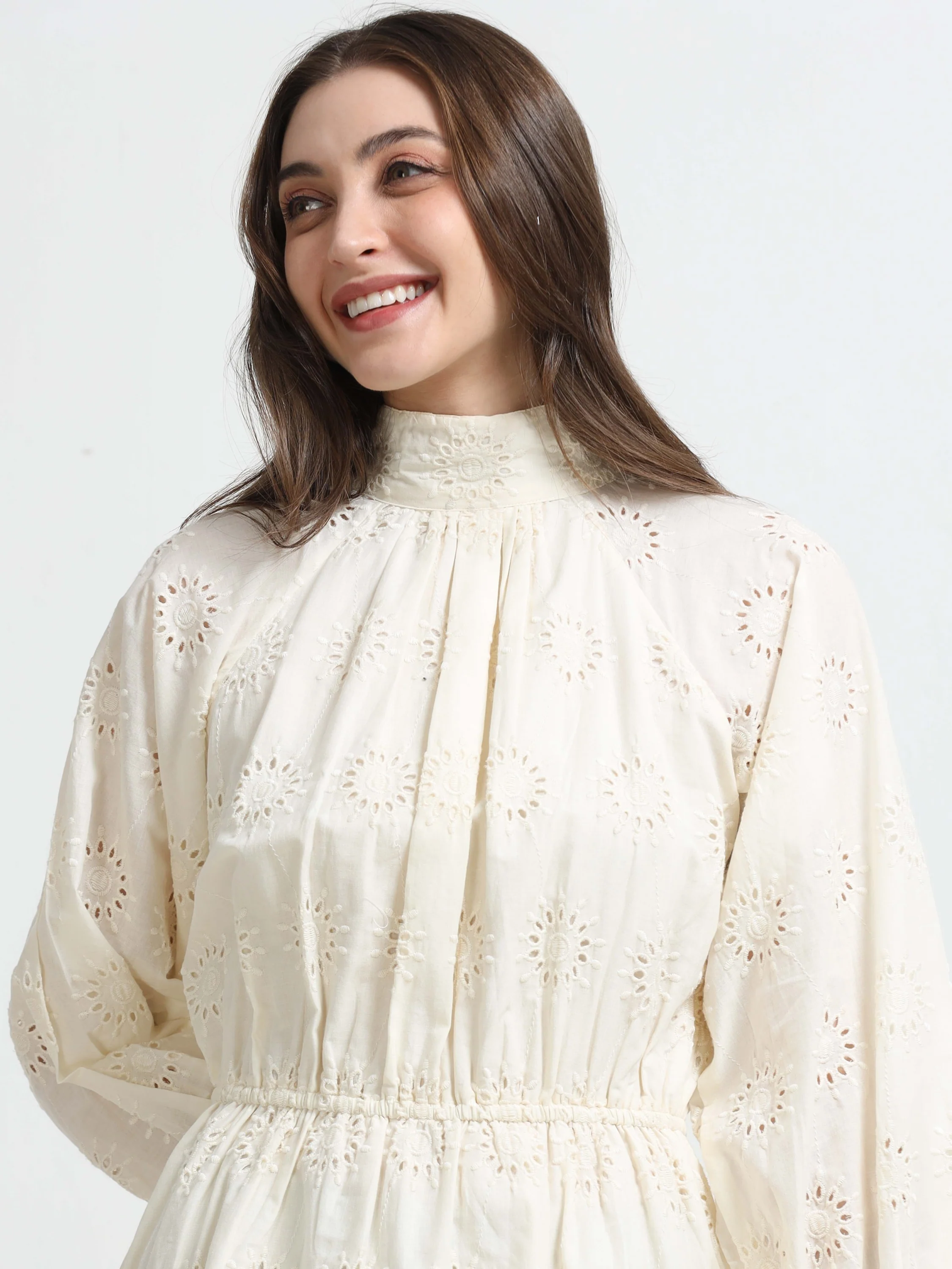 Women White Schiffli Fit & Flare Dress - Image 3