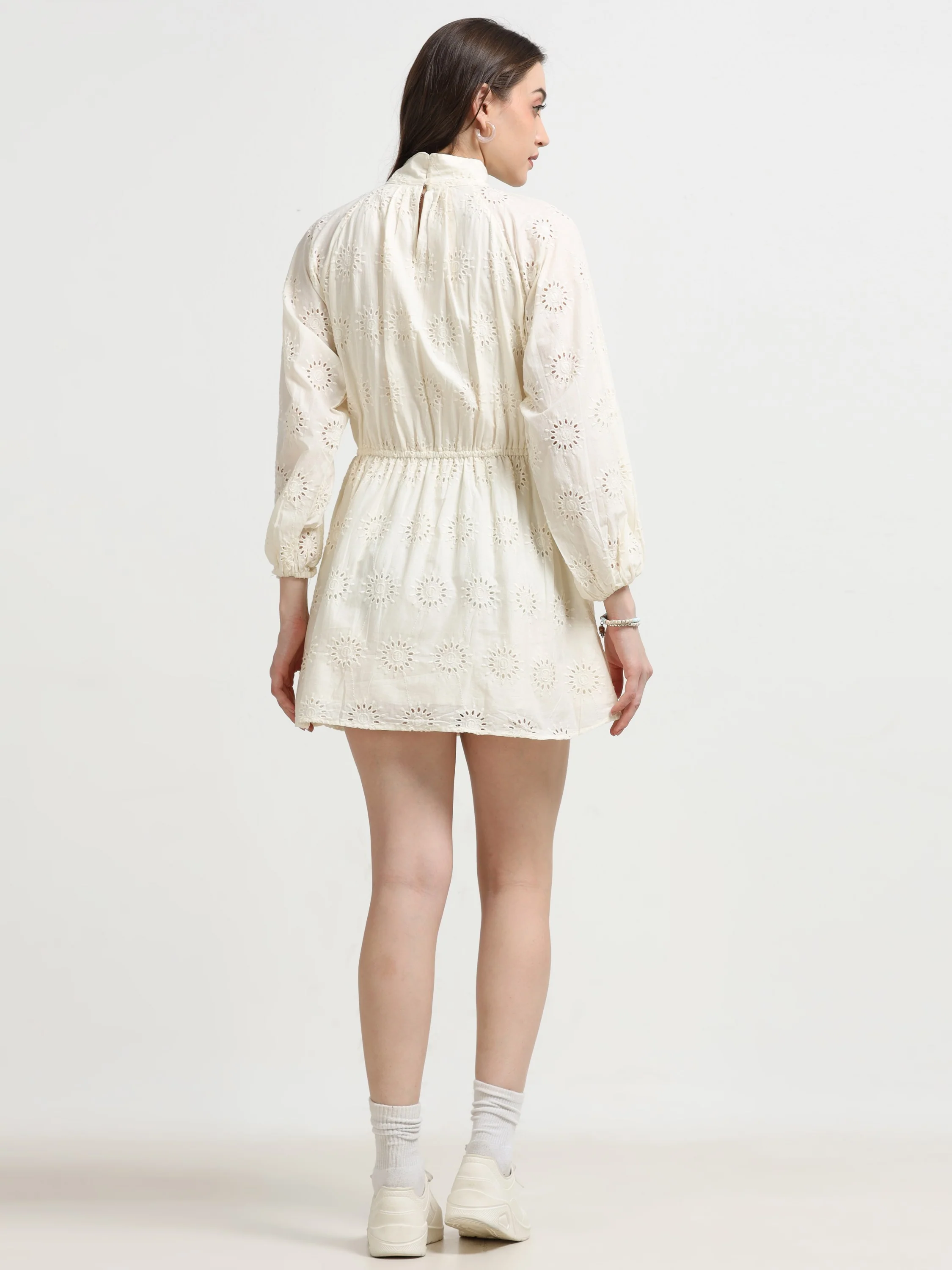Women White Schiffli Fit & Flare Dress - Image 4