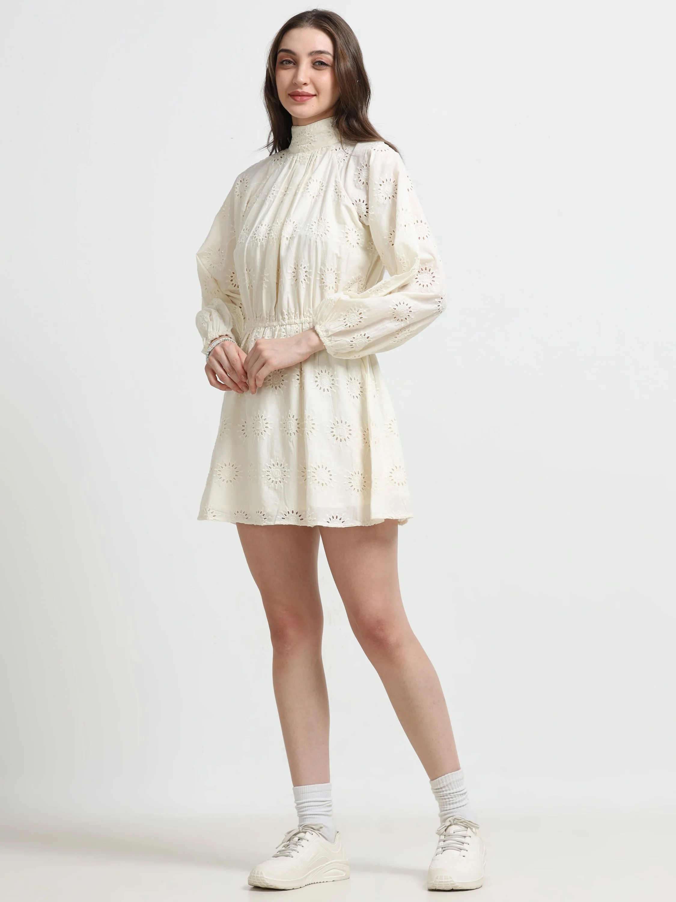 Women White Schiffli Fit & Flare Dress - Image 5