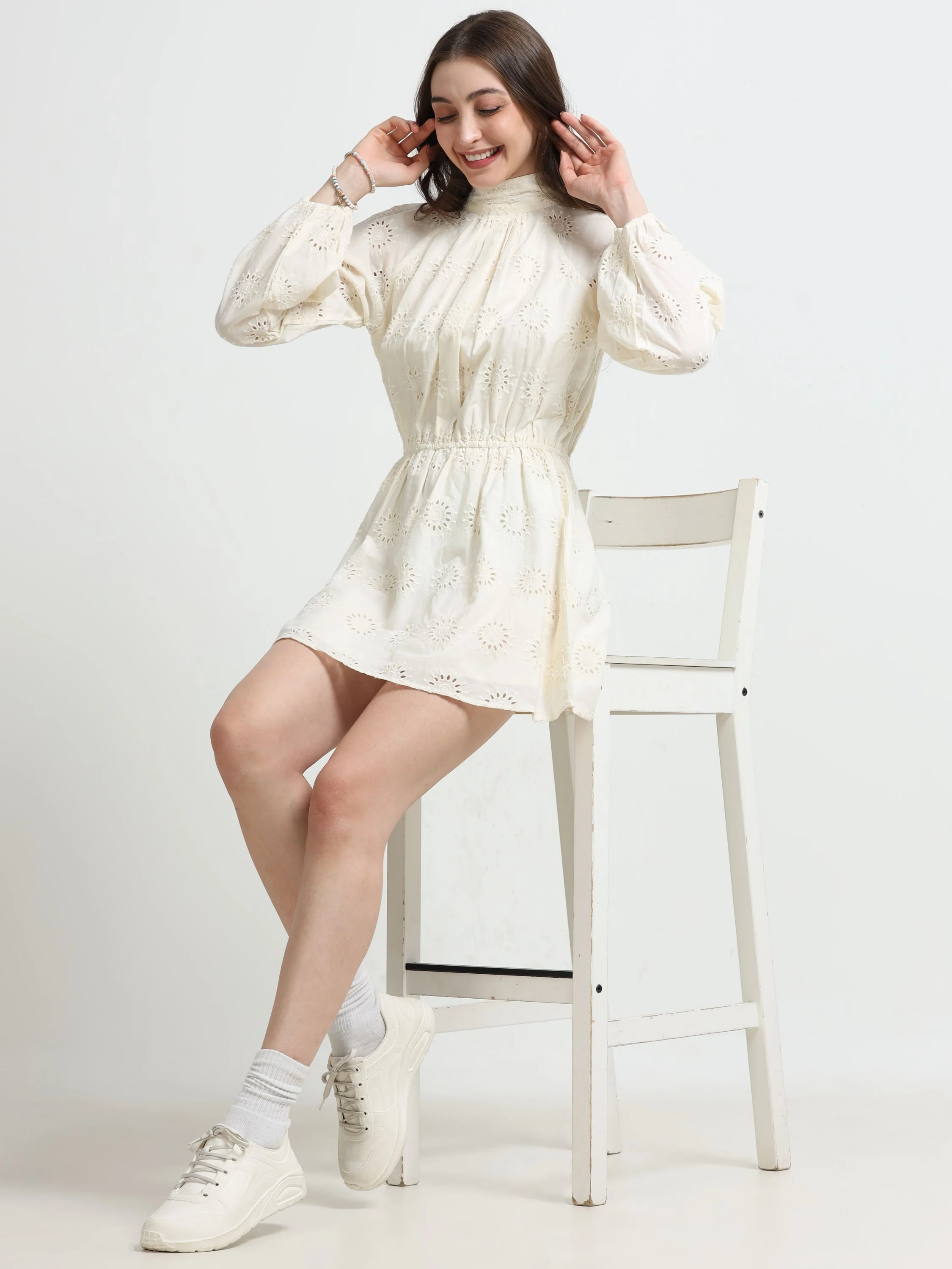 Women White Schiffli Fit & Flare Dress - Image 6