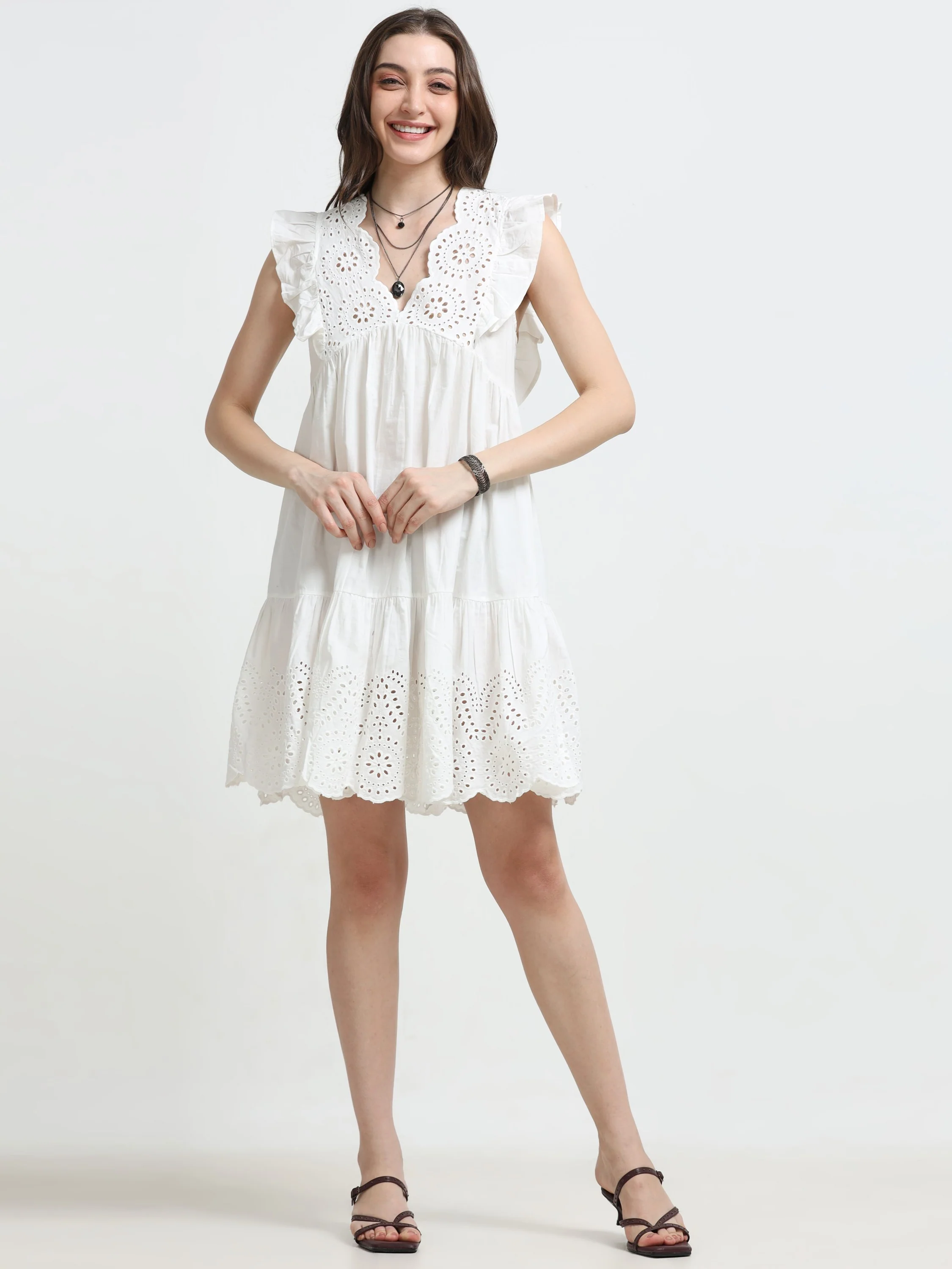 Women White Schiffli Flared Dress - Image 2