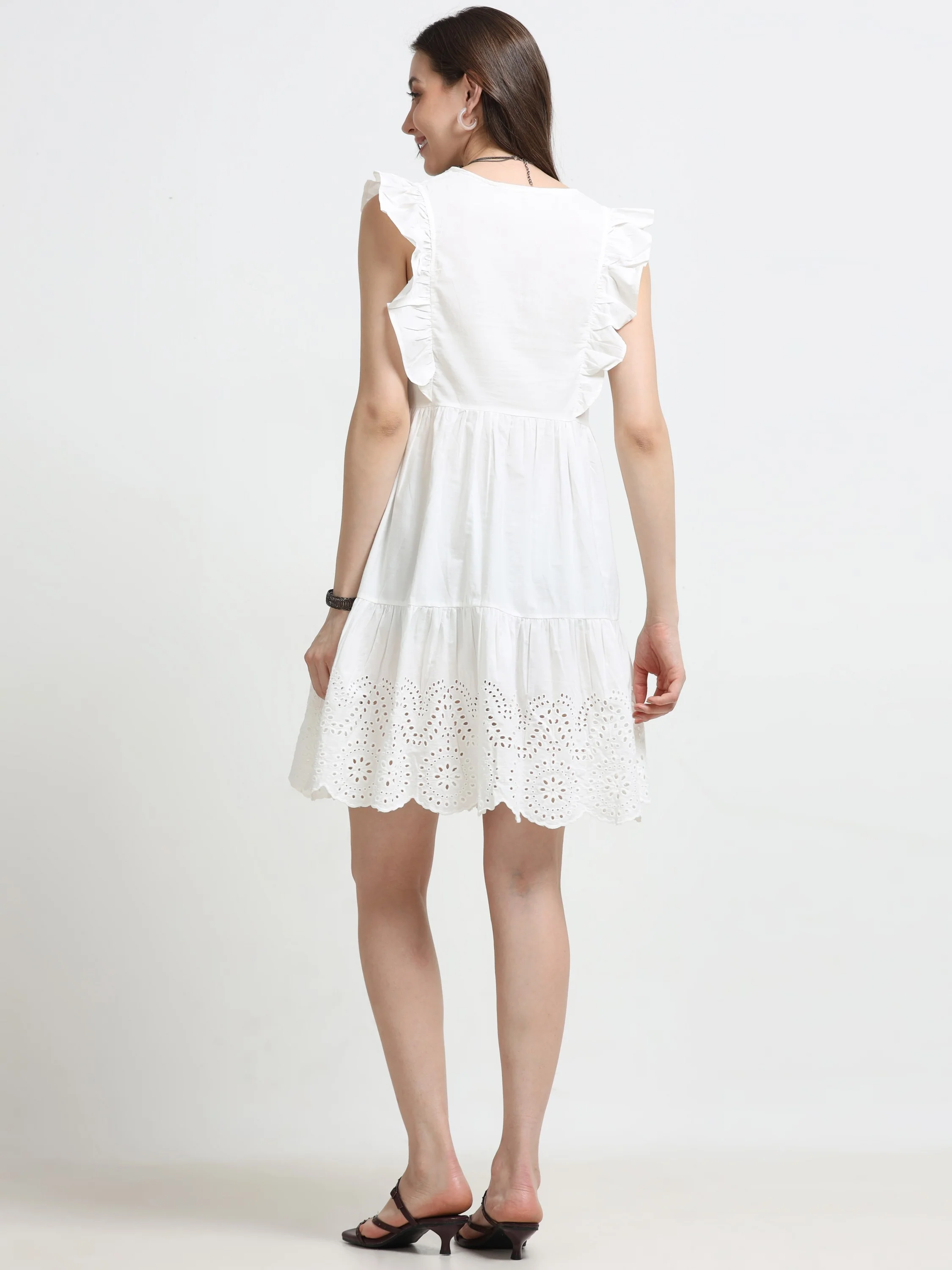 Women White Schiffli Flared Dress - Image 3