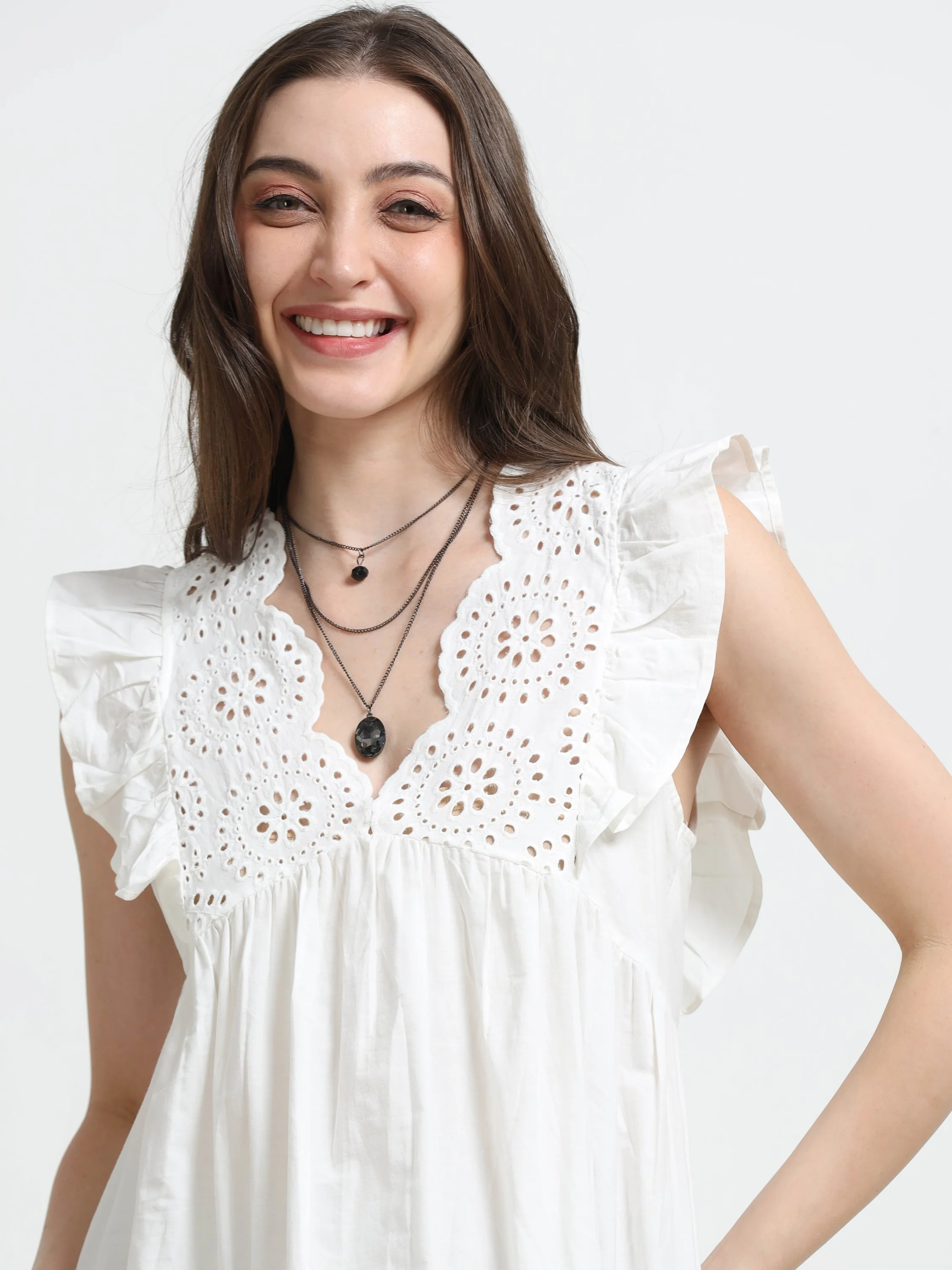 Women White Schiffli Flared Dress - Image 4