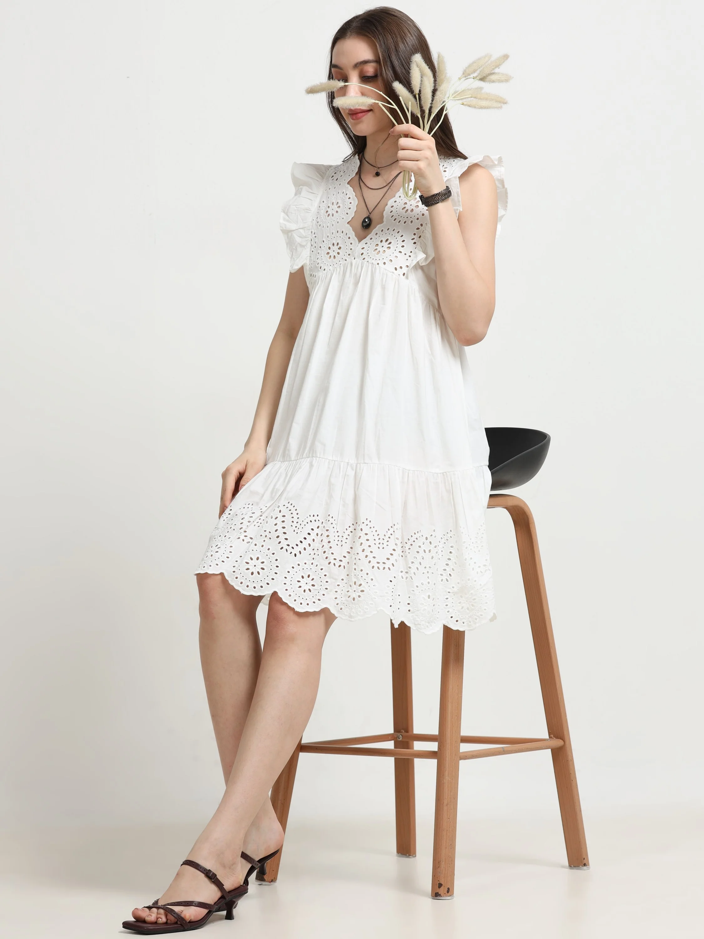 Women White Schiffli Flared Dress - Image 6