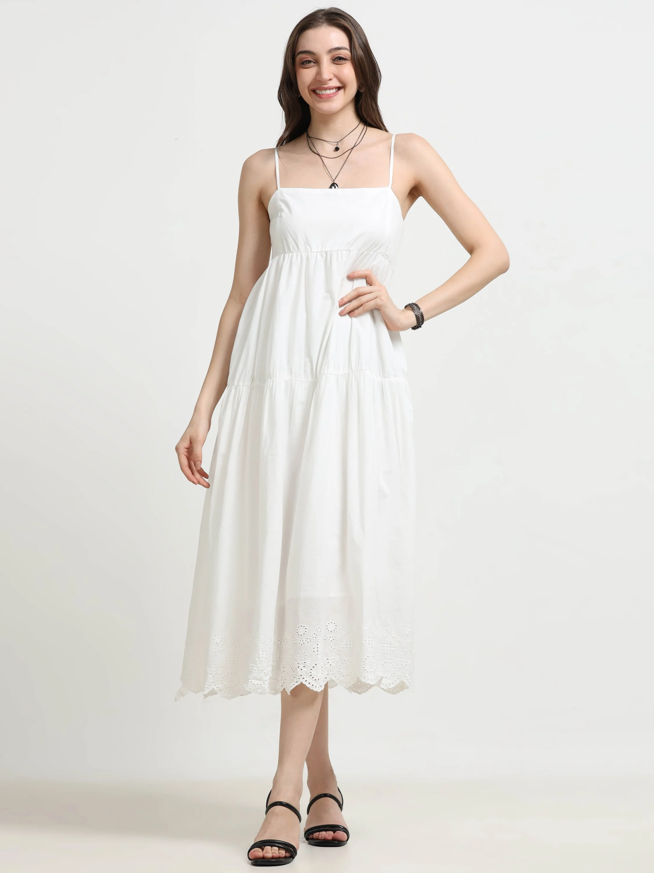 Women White Schiffli Hem flared Dress - Image 2