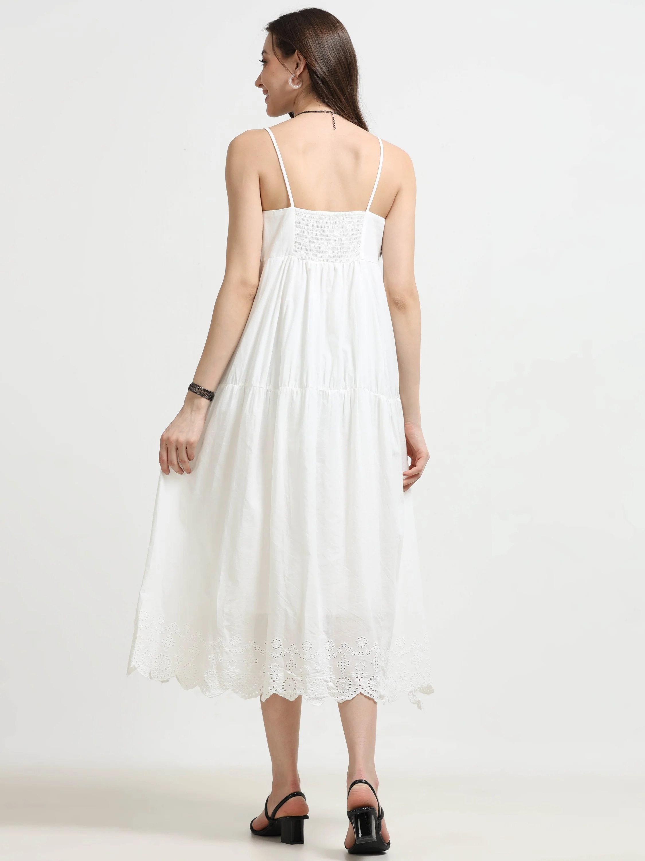 Women White Schiffli Hem flared Dress - Image 3
