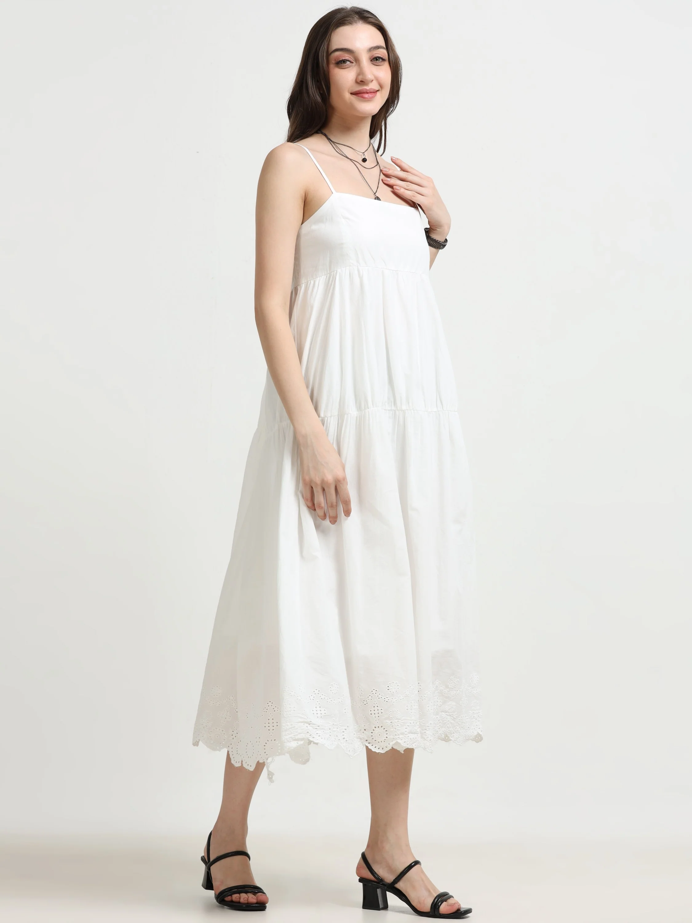 Women White Schiffli Hem flared Dress - Image 5