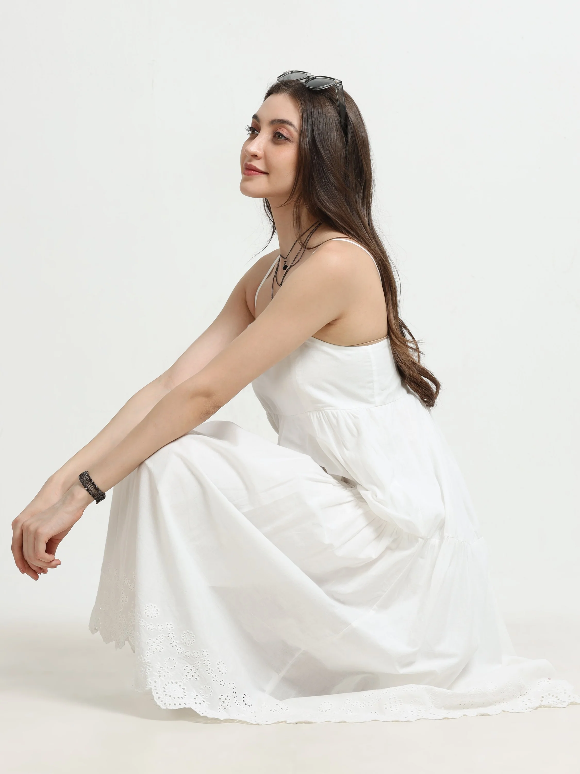 Women White Schiffli Hem flared Dress - Image 6