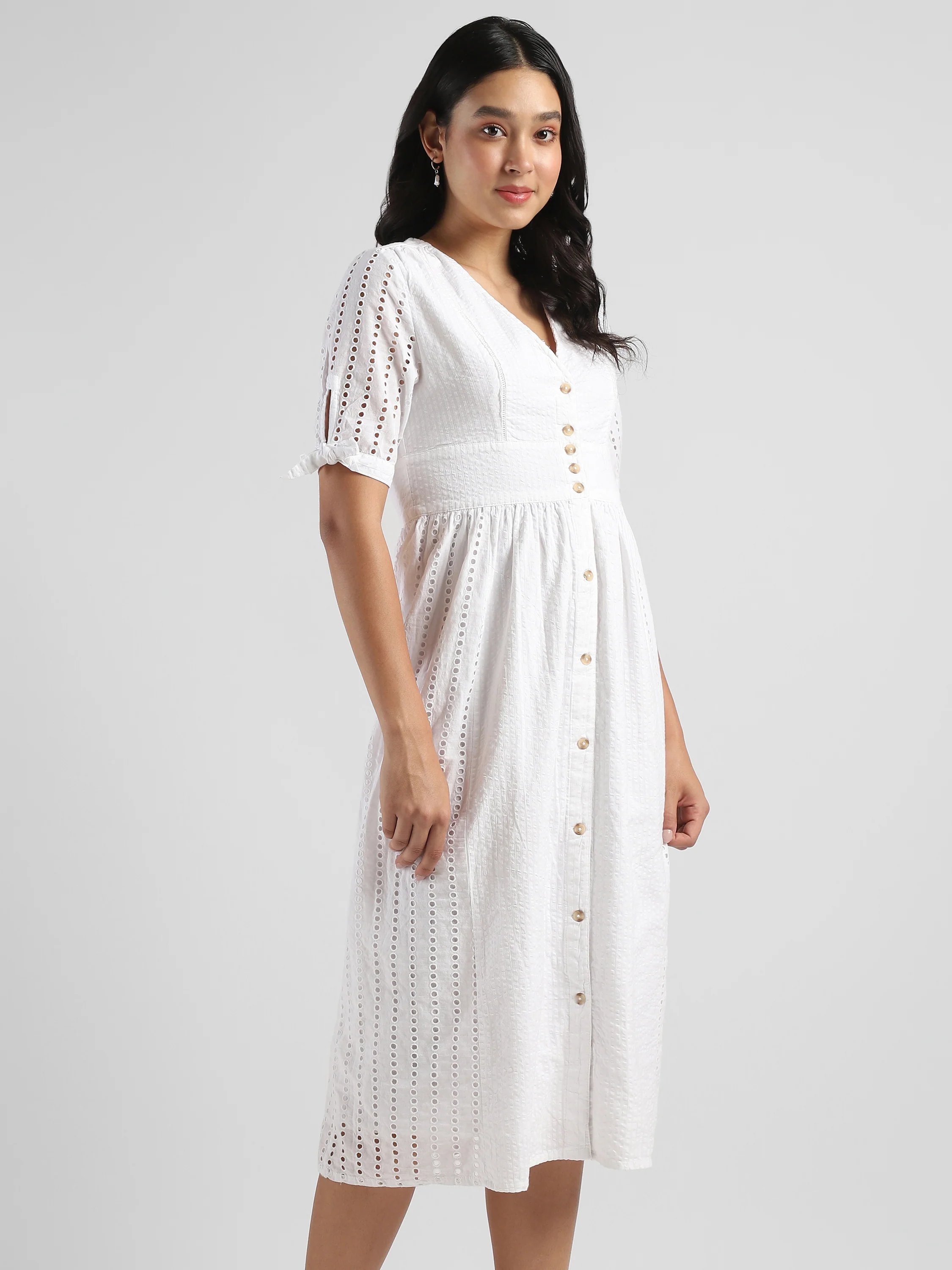 Women White Shiffli Midi Dress - Image 3