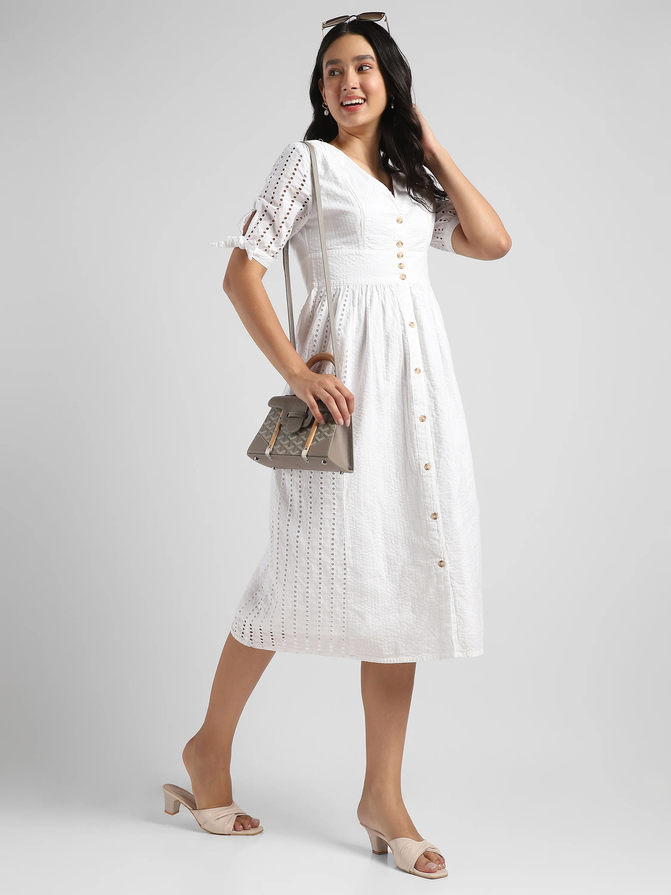 Women White Shiffli Midi Dress - Image 4