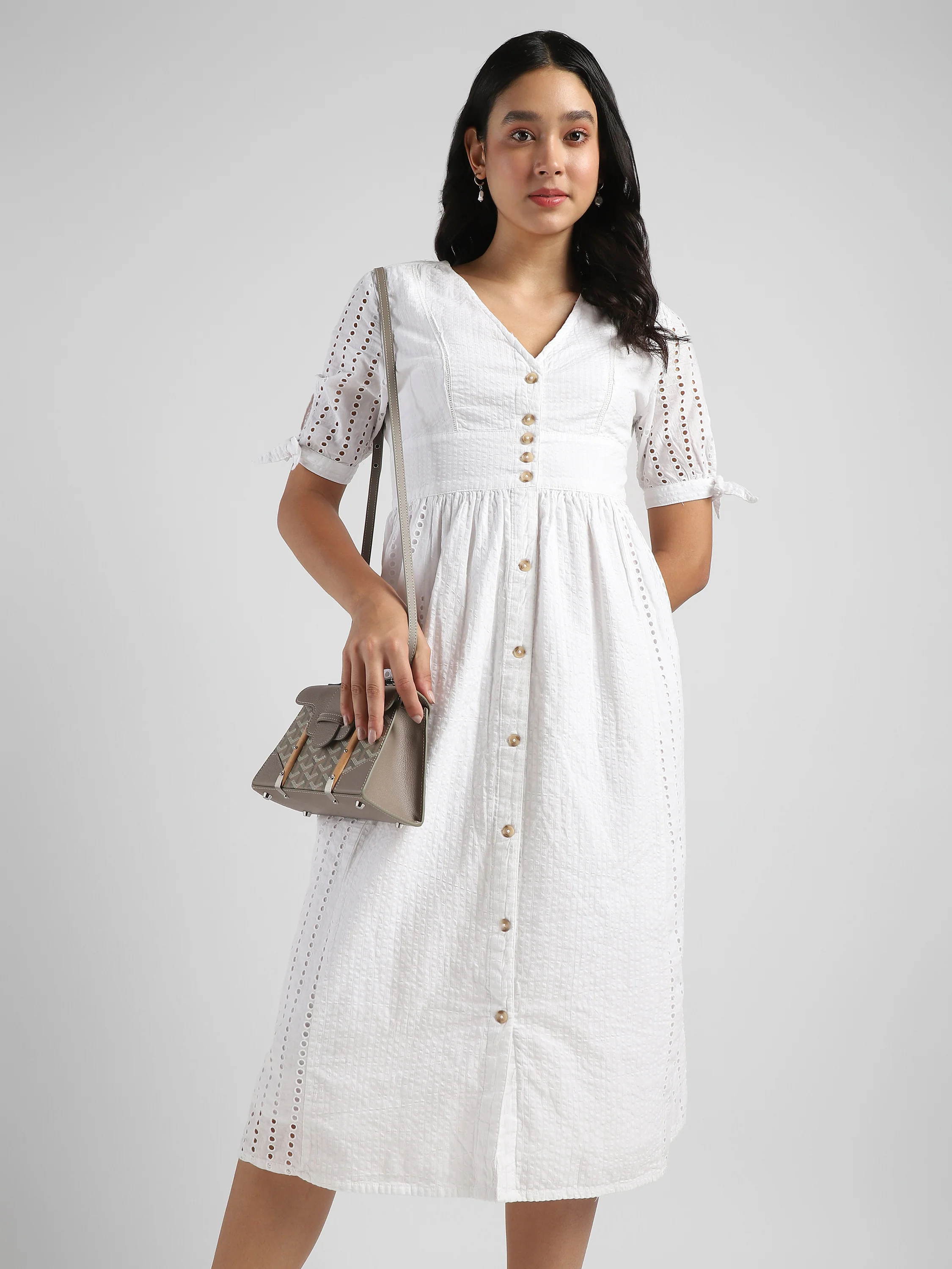 Women White Shiffli Midi Dress - Image 6