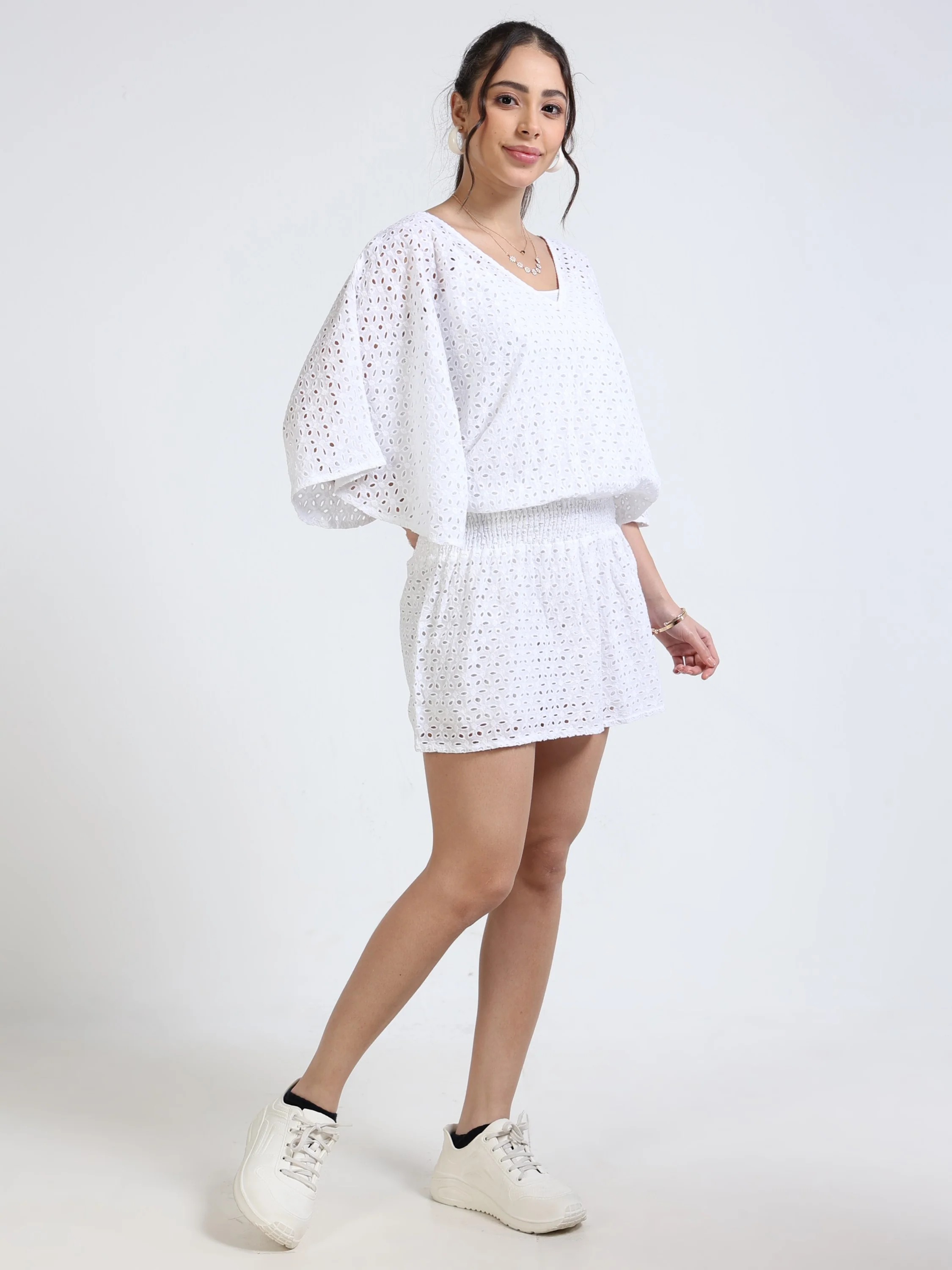 Women White Schiffli Mini Dress - Image 2