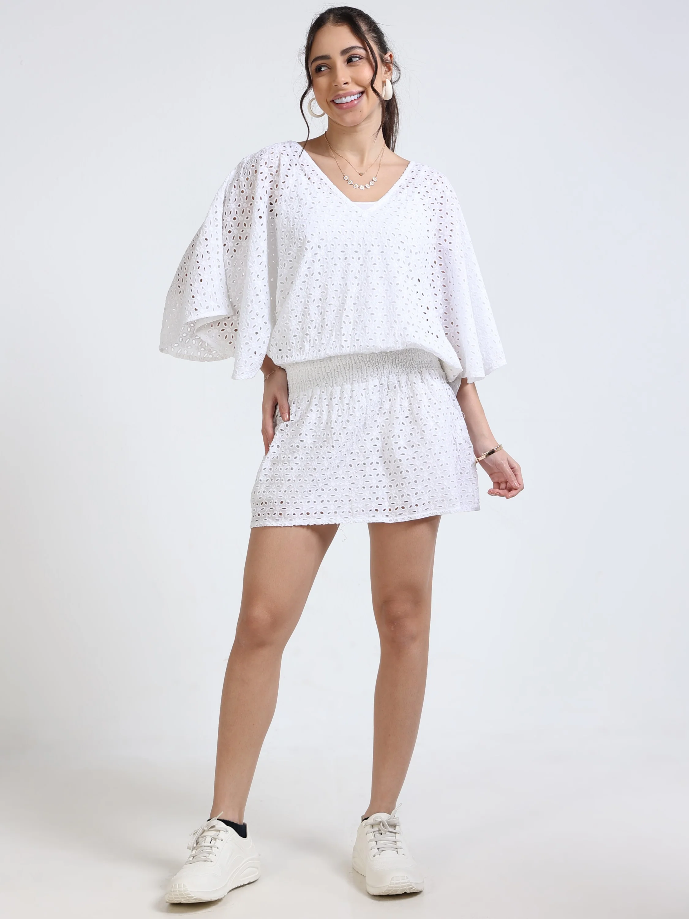 Women White Schiffli Mini Dress - Image 6