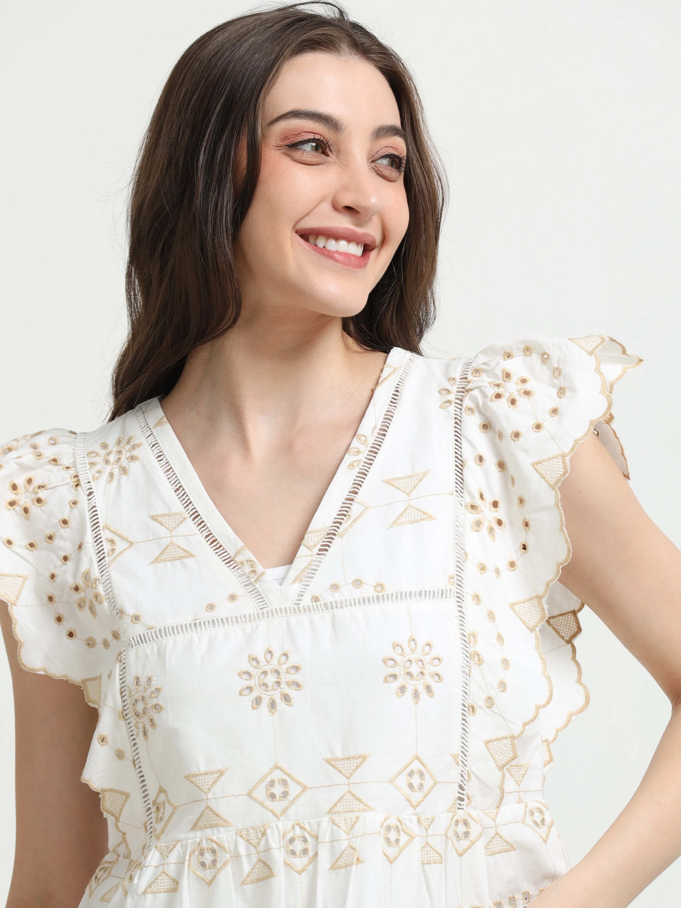 Women White Schiffli Scalloped Top - Image 2