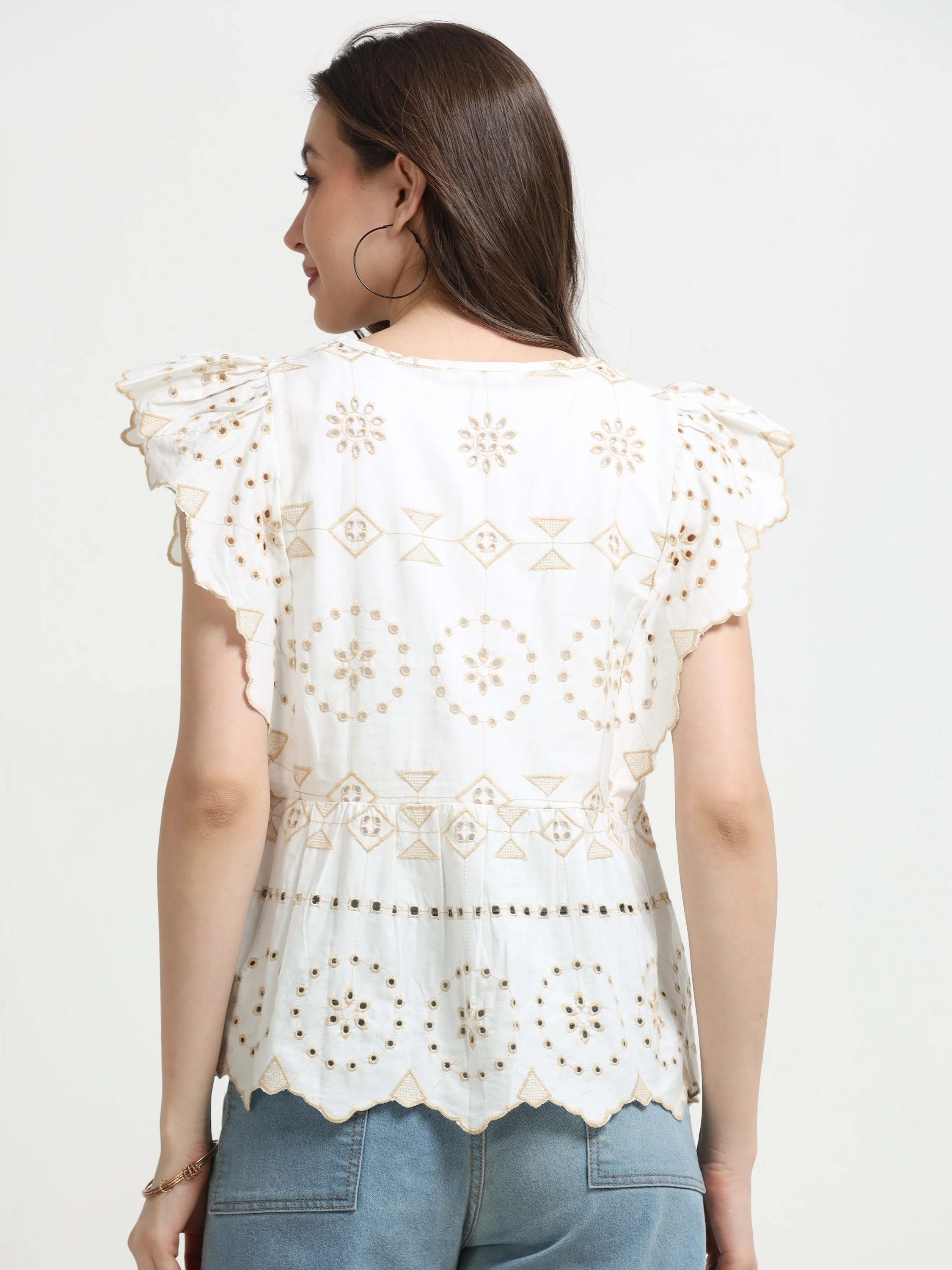 Women White Schiffli Scalloped Top - Image 3