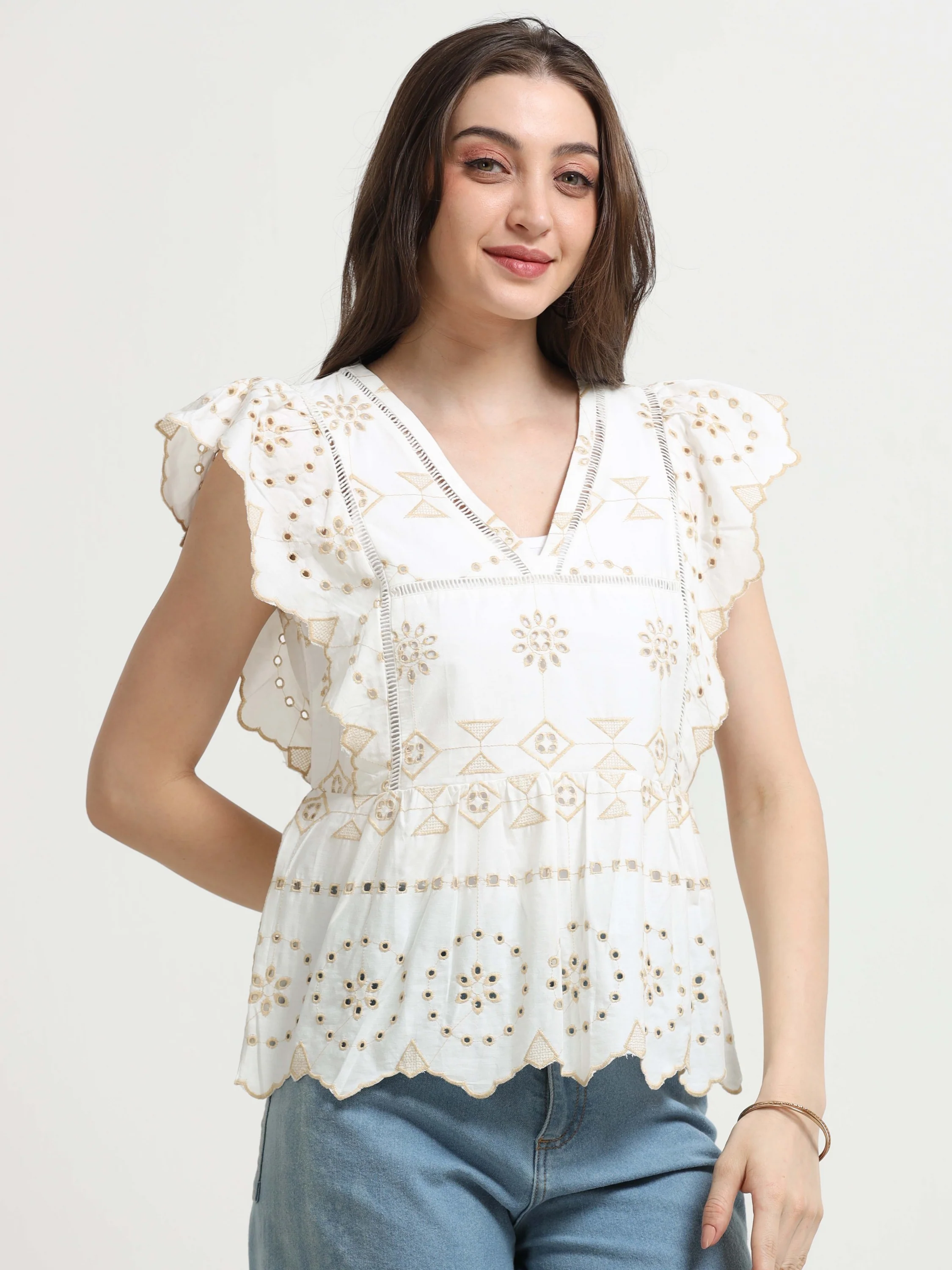 Women White Schiffli Scalloped Top - Image 4