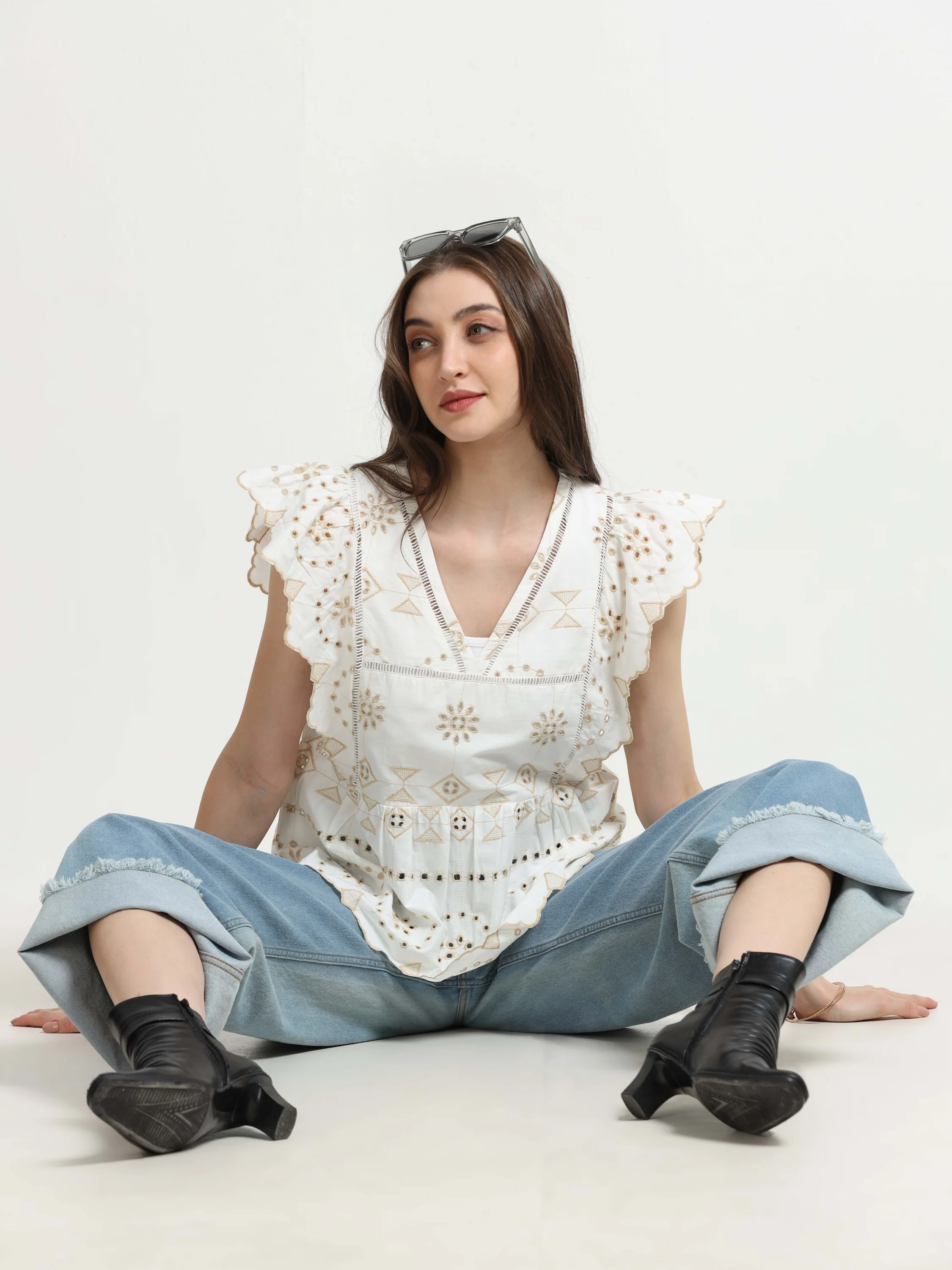 Women White Schiffli Scalloped Top - Image 5