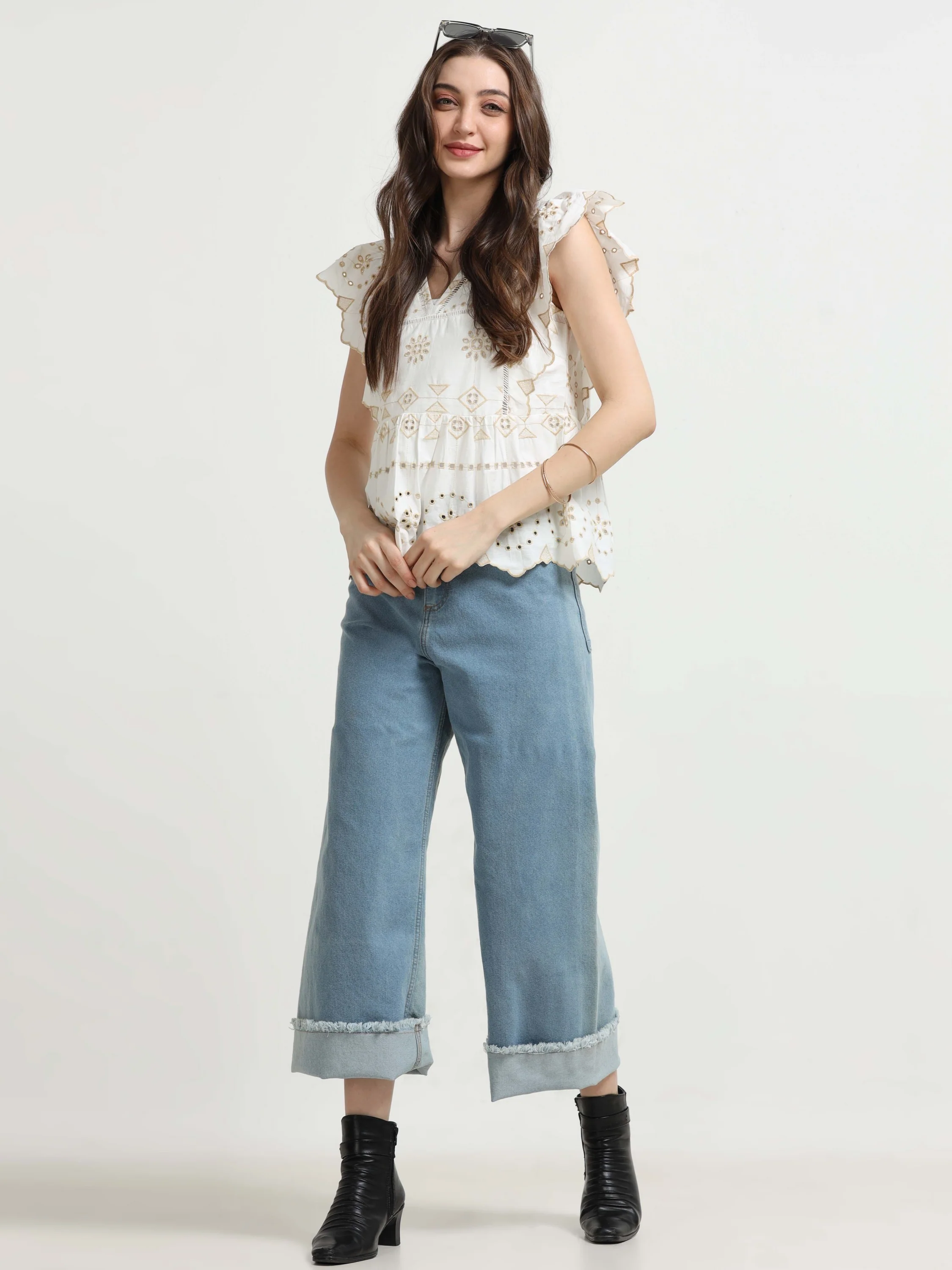Women White Schiffli Scalloped Top - Image 6