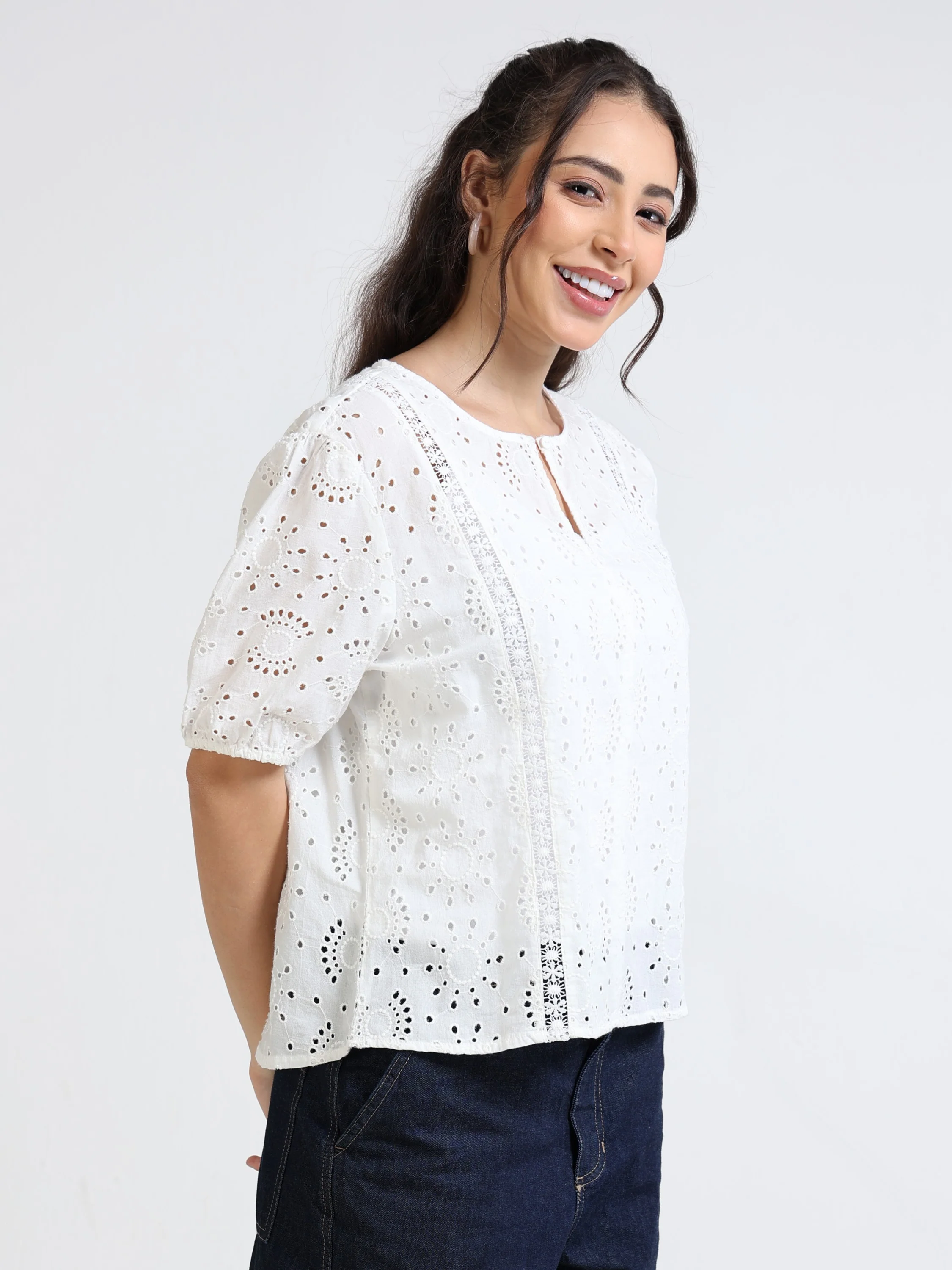 Women White Schiffli Top - Image 4