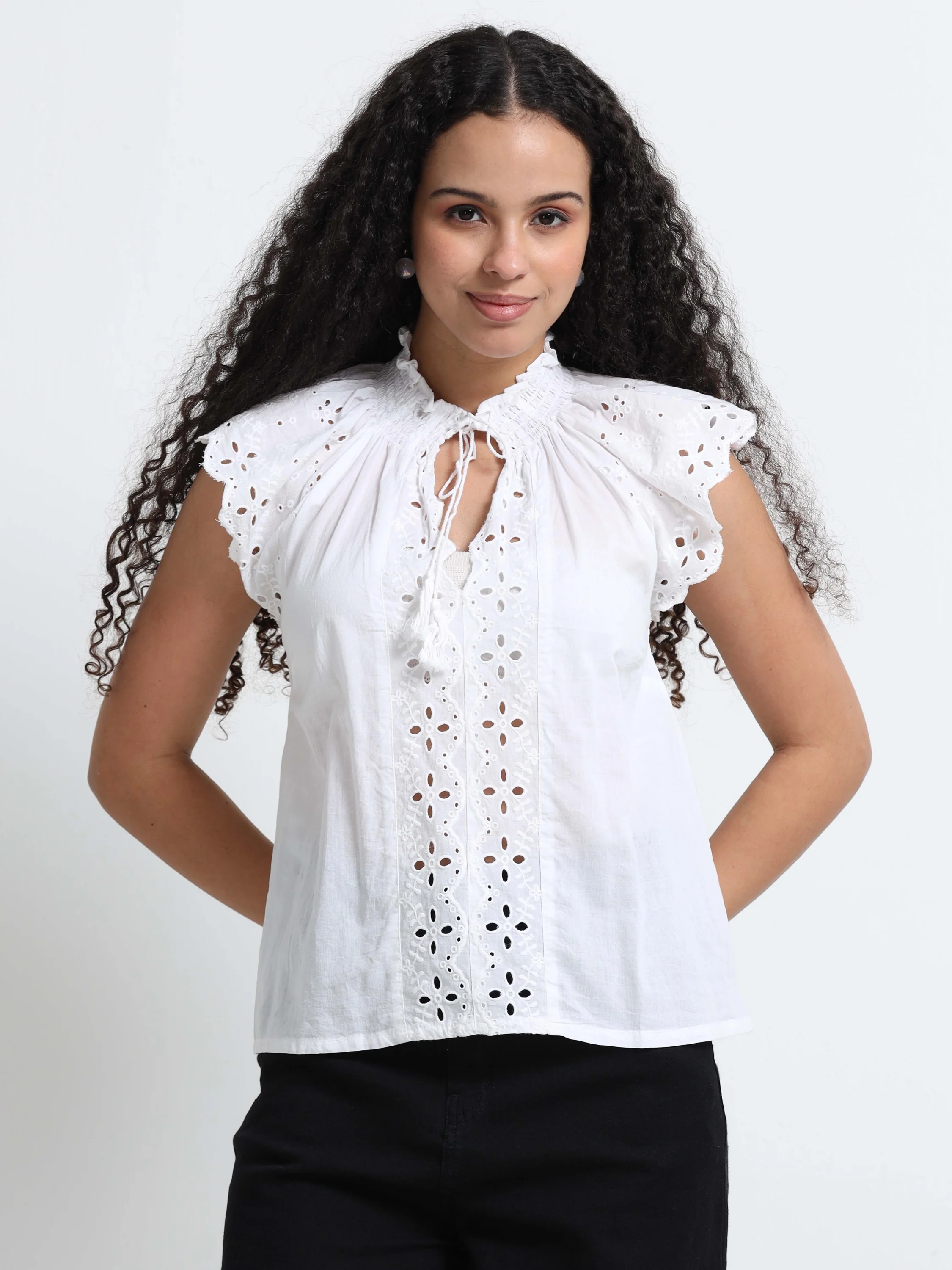 Women White Schiffli Top - Image 2