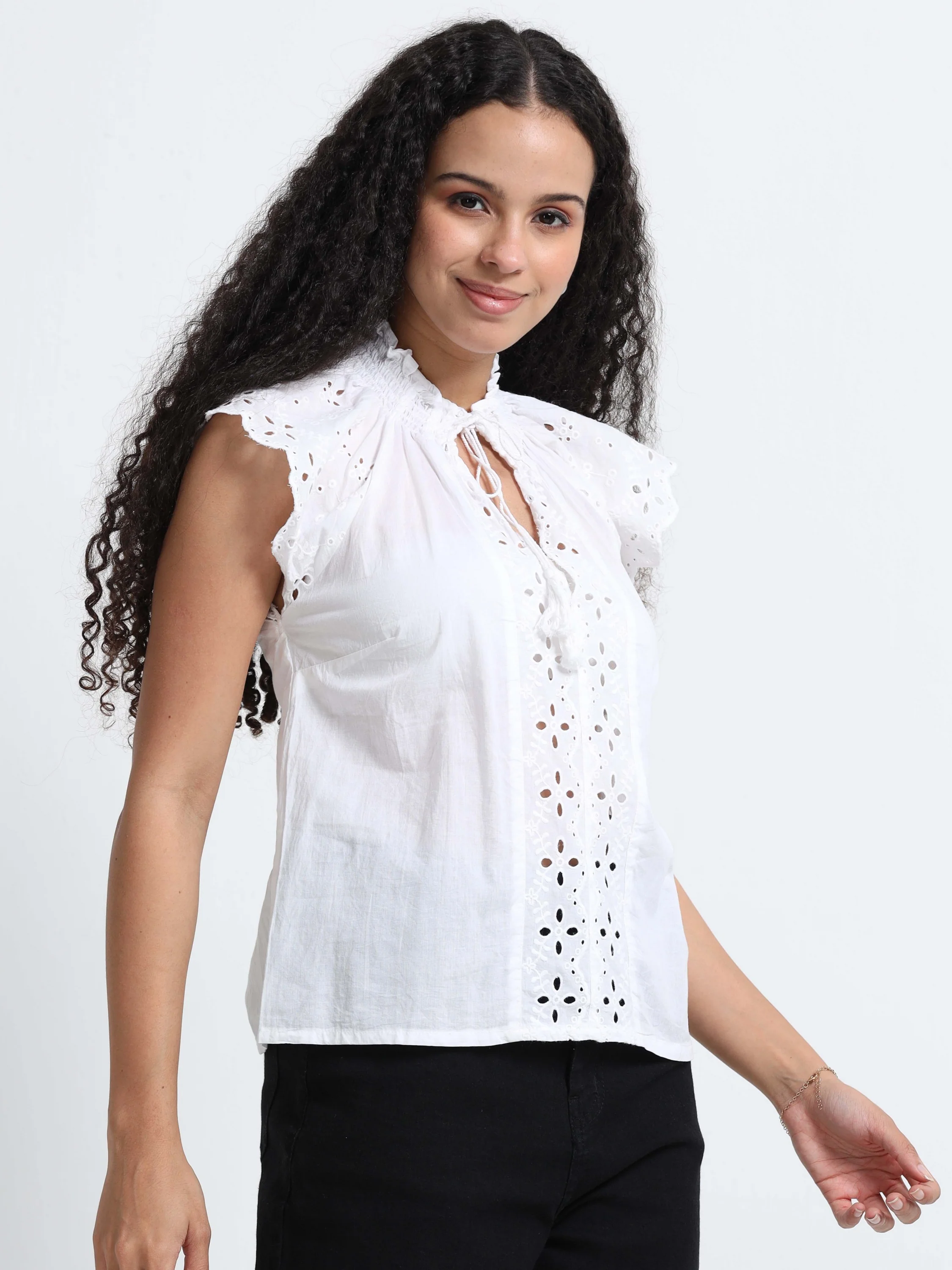 Women White Schiffli Top - Image 3