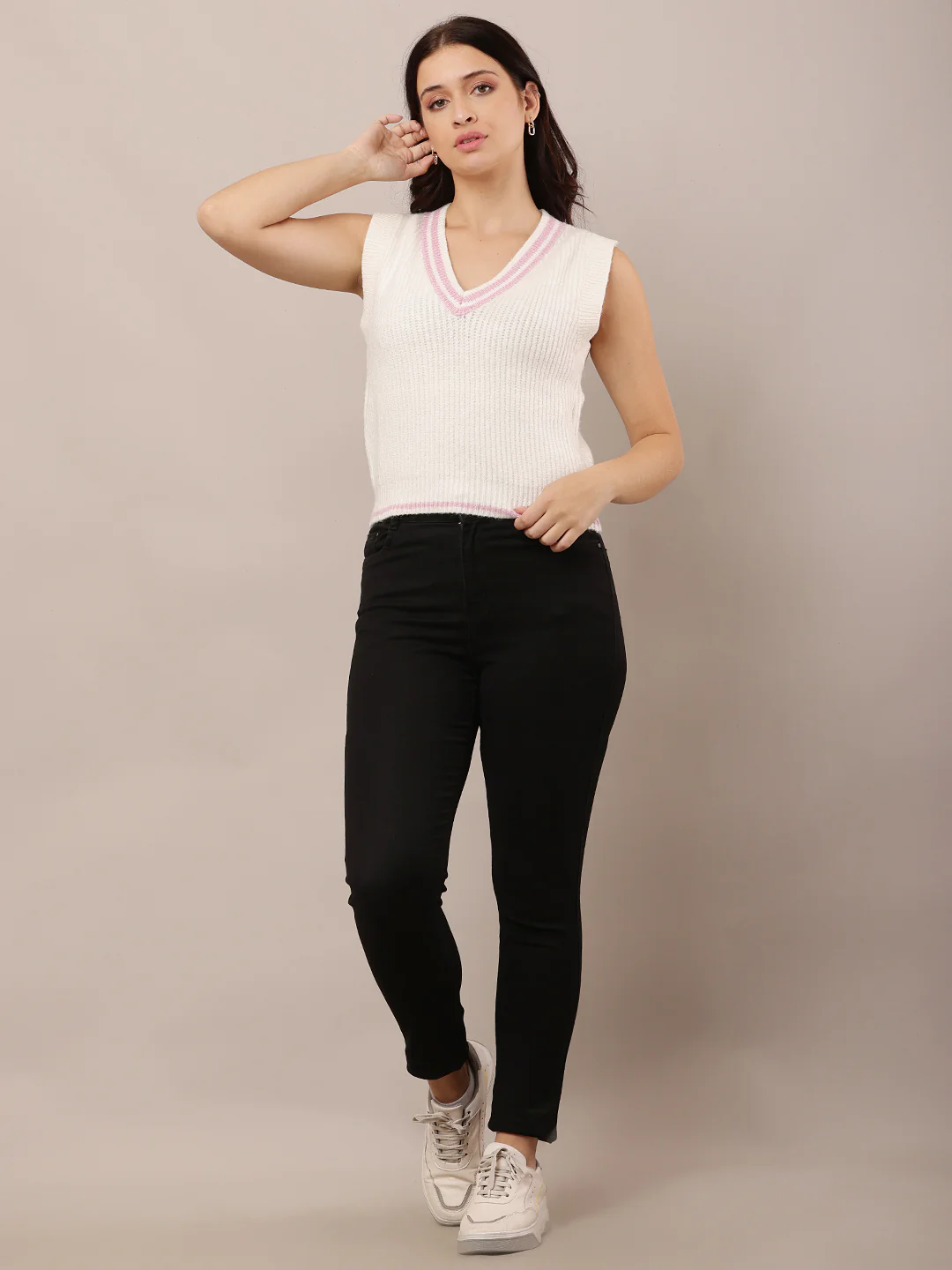 Women White Sleeveless V-Neck Acrylic Sweater - Image 3