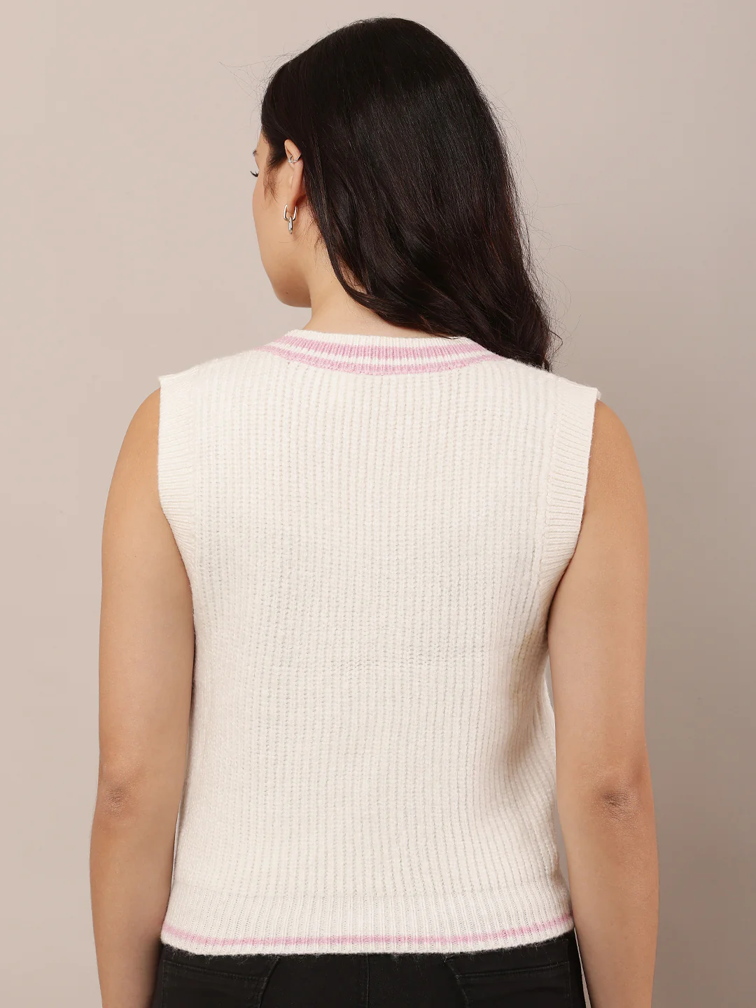 Women White Sleeveless V-Neck Acrylic Sweater - Image 4