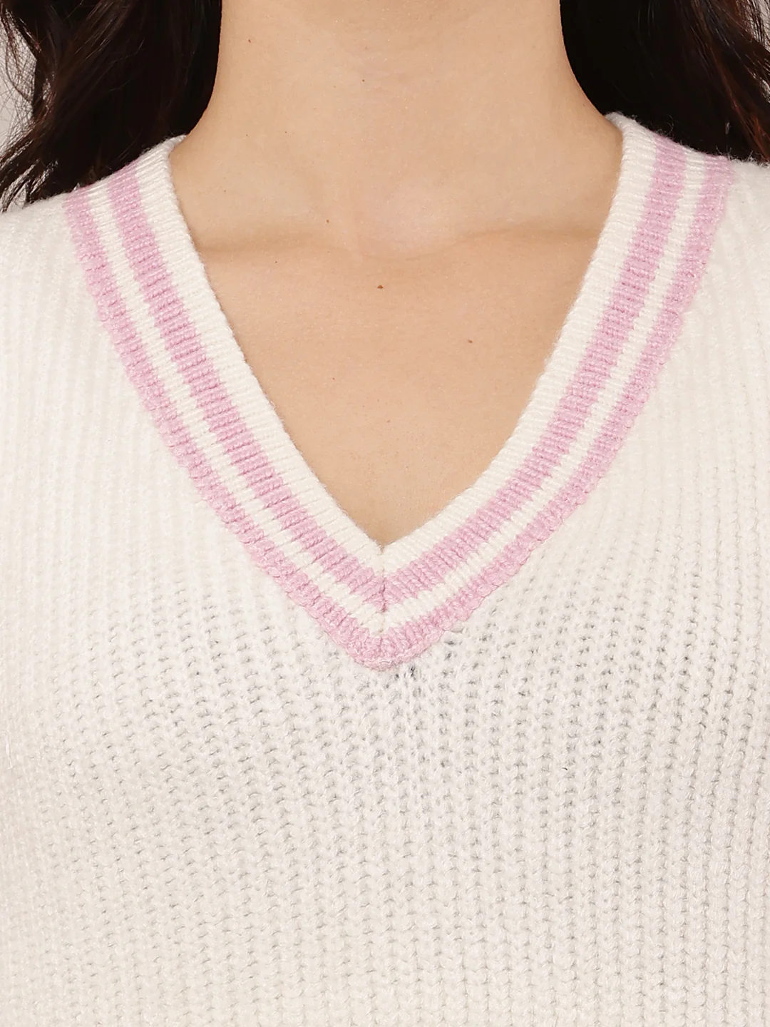 Women White Sleeveless V-Neck Acrylic Sweater - Image 5