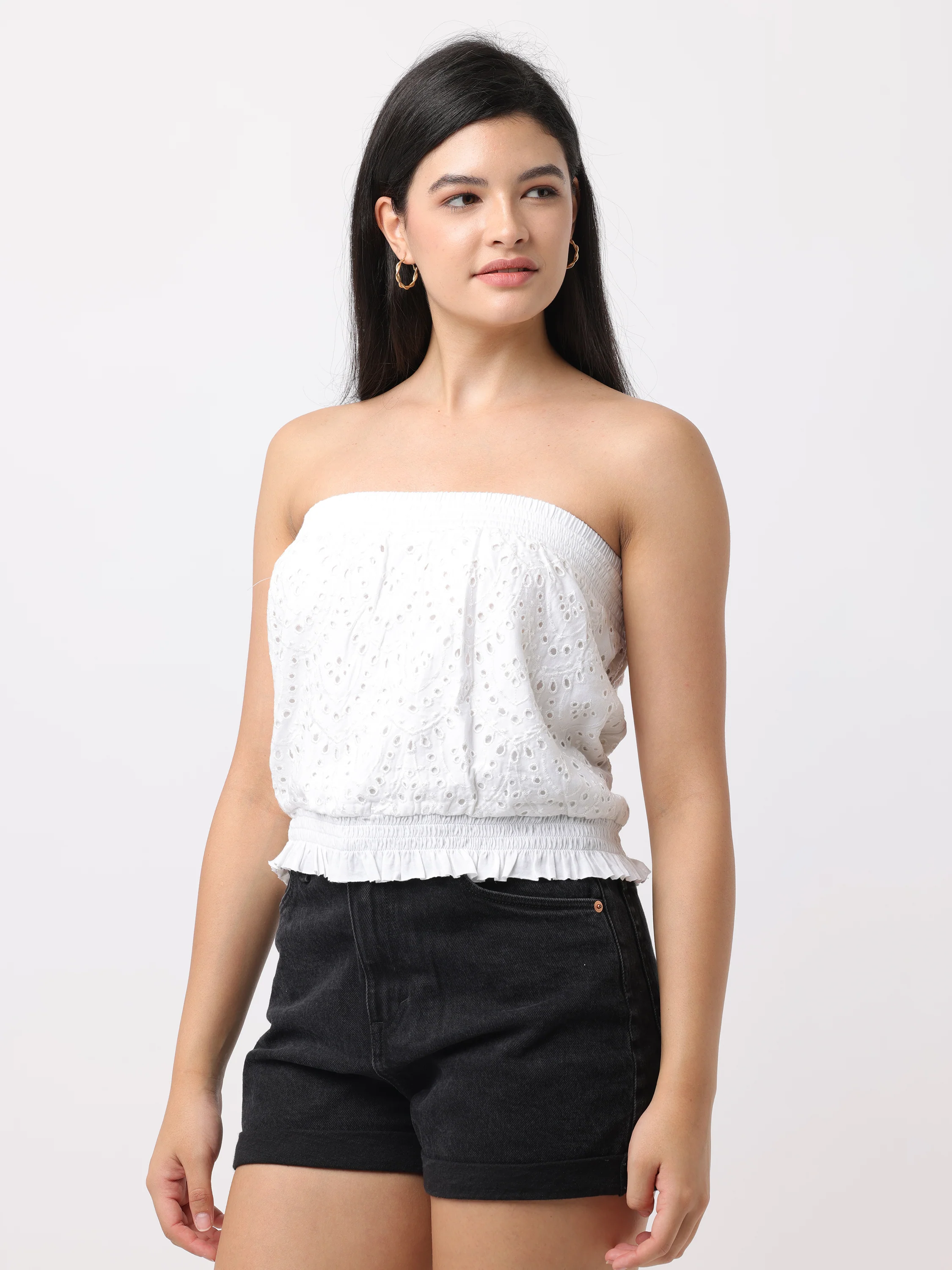 Women White Schiffli Tube Top - Image 5