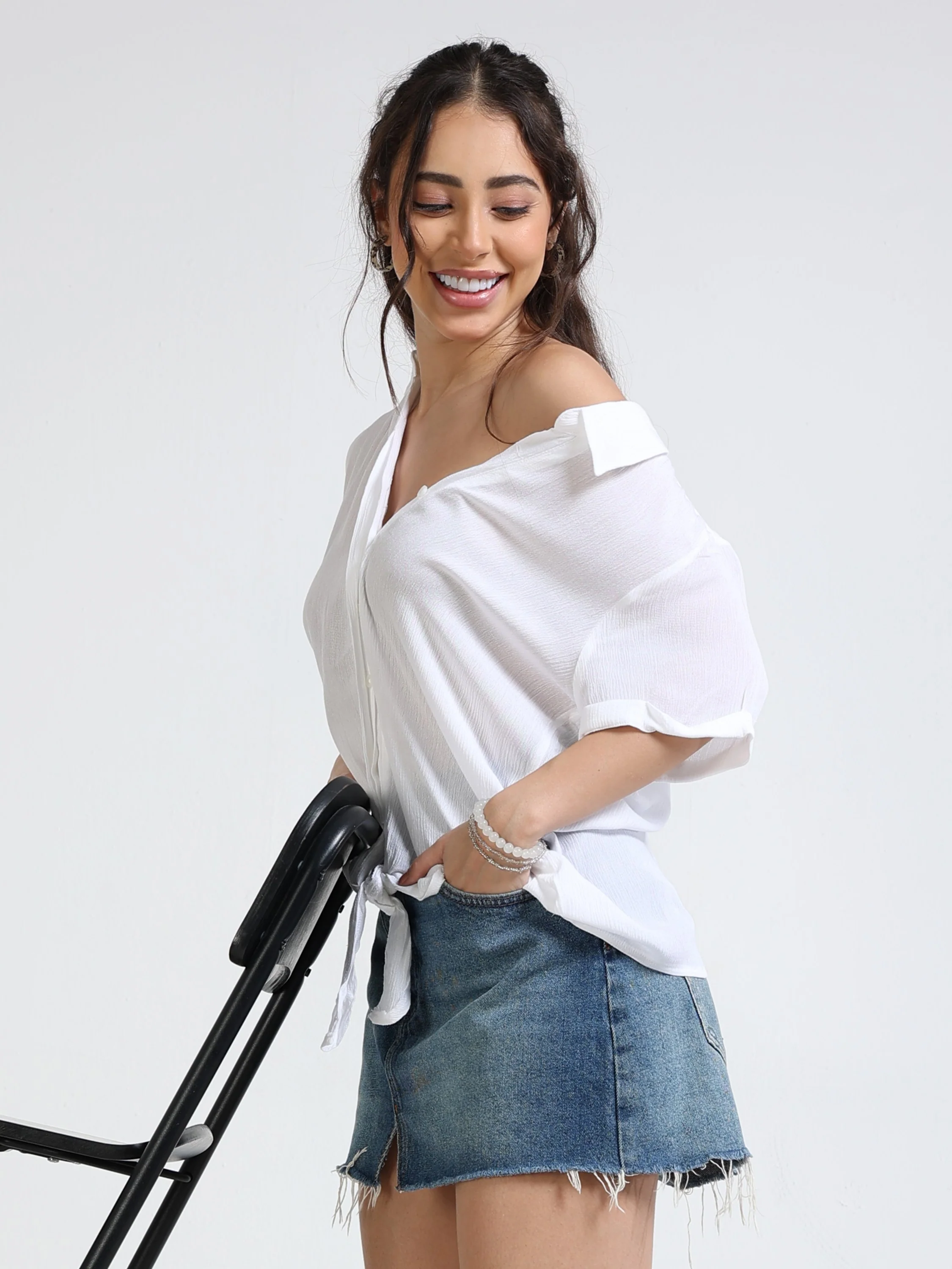 Women White Knot Tie Shirt - Image 2