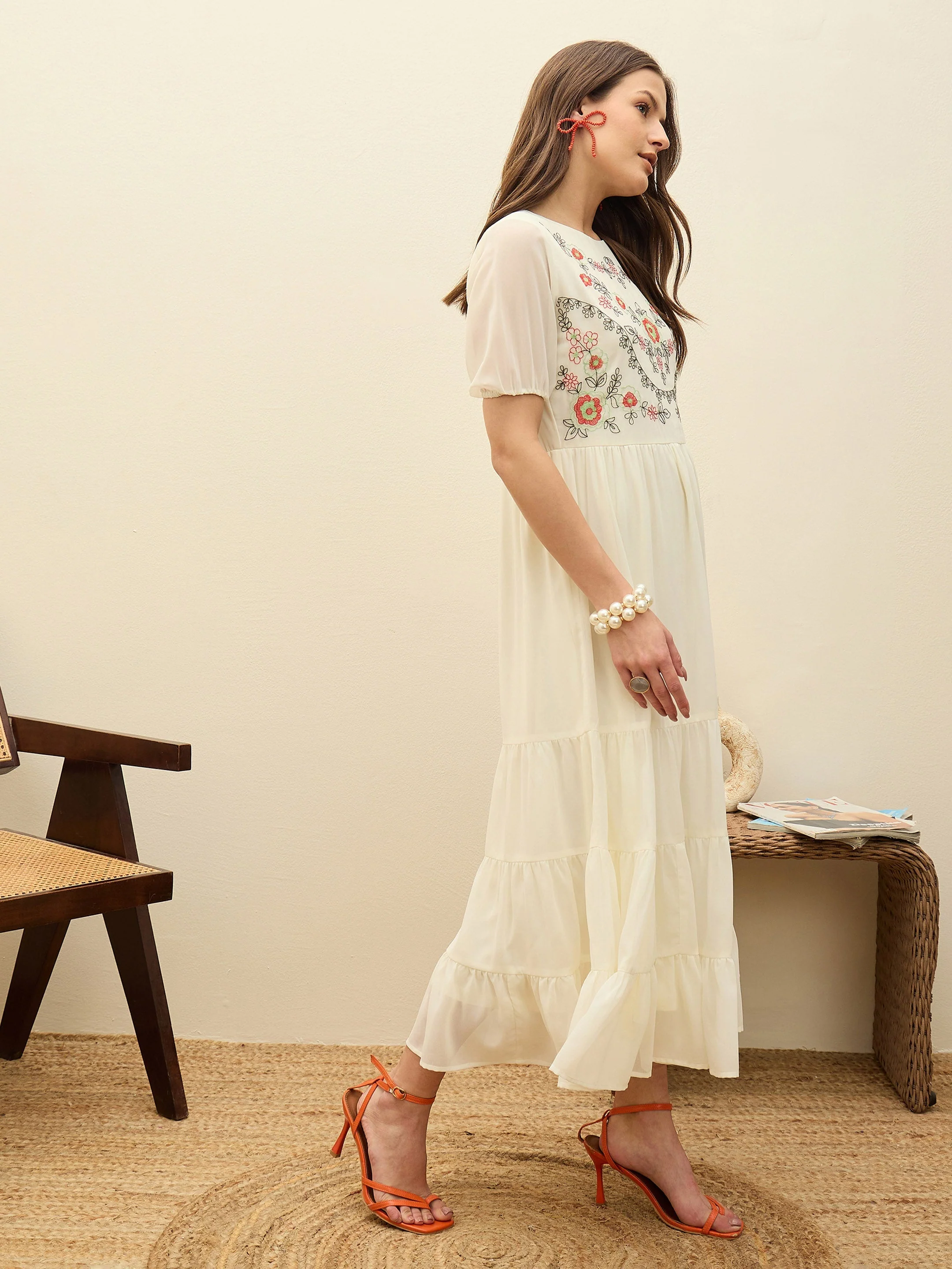Women White Solid Tiered Maxi Dress - Image 3